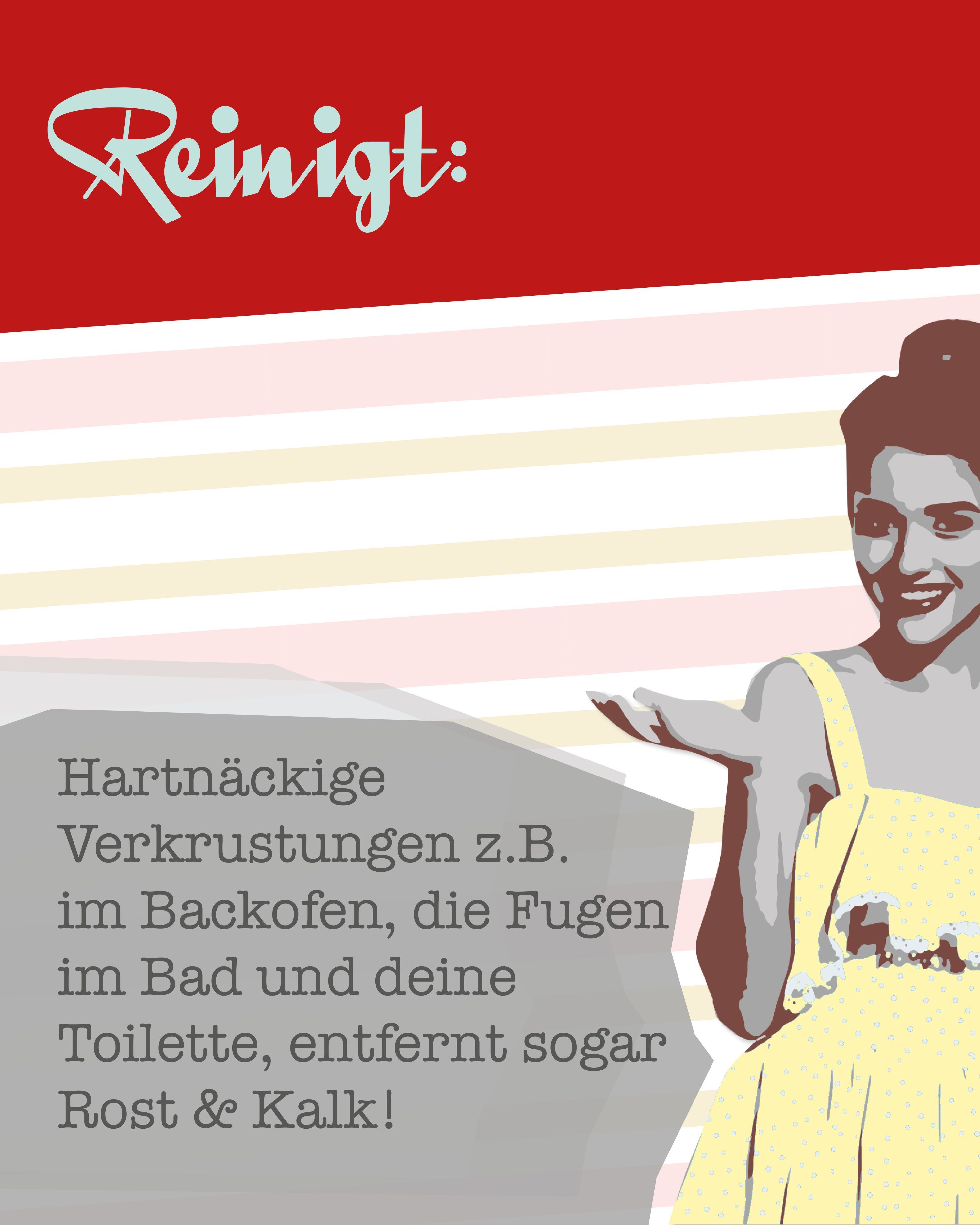 Illustration einer Frau, die auf hartnäckige Verkrustungen hinweist. Text: "Reinigt".