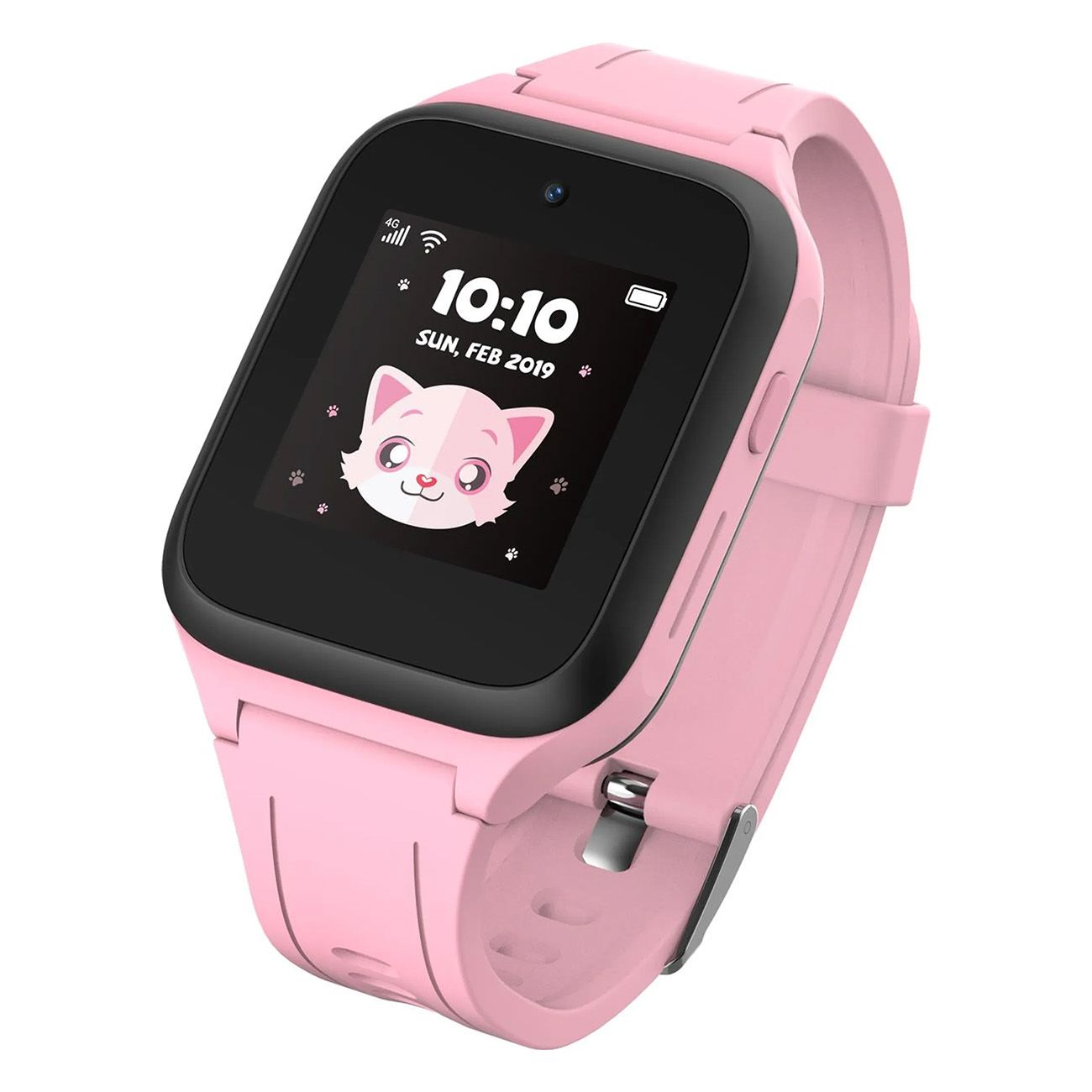 Rosa Smartwatch mit schwarzem Bildschirm. Zeigt Uhrzeit und Katze. Armband und Gehäuse aus Kunststoff.