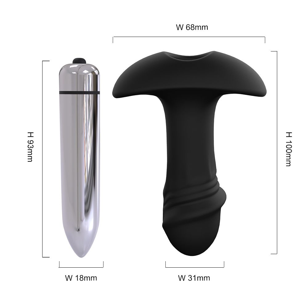 Zwei Vibratoren. Links: Silberner, zylindrischer Vibrator. Rechts: Schwarzer Analplug mit pilzförmigem Kopf. Maße angegeben.