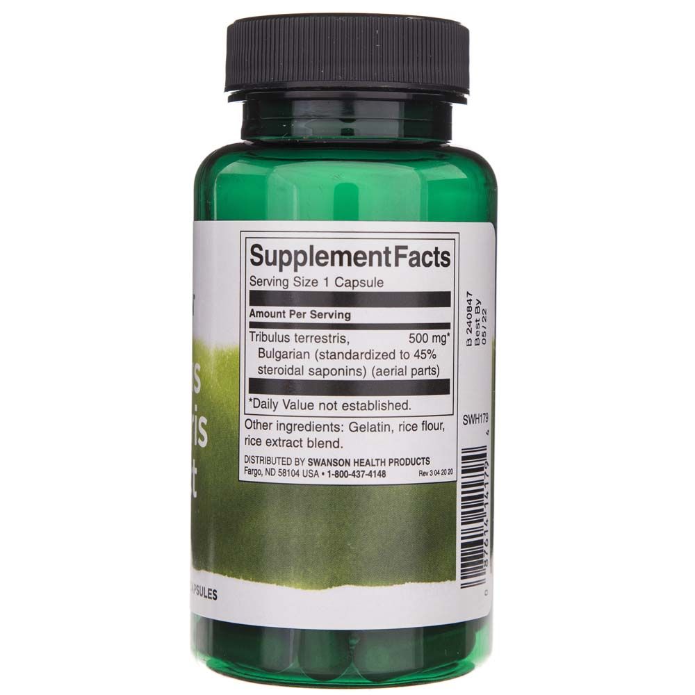 Rückseite einer grünen Kapselpackung mit Nährwertangaben, Tribulus Terrestris Extrakt 500 mg, und Inhaltsstoffen.