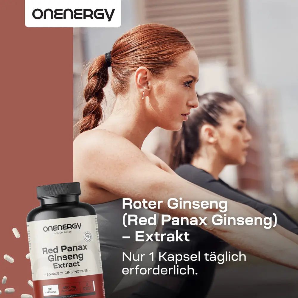 Eine Frau trainiert. Daneben eine Flasche Roter Ginseng-Extrakt. Aufschrift: OnEnergy, Red Panax Ginseng Extract. Nur 1 Kapsel täglich.