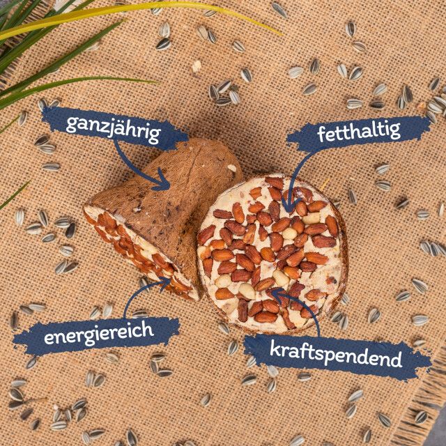 Aufgeschnittener Futterkloß mit Texten: energiereich, fetthaltig, kraftspendend, ganzjährig. Hintergrund: Sonnenblumenkerne.