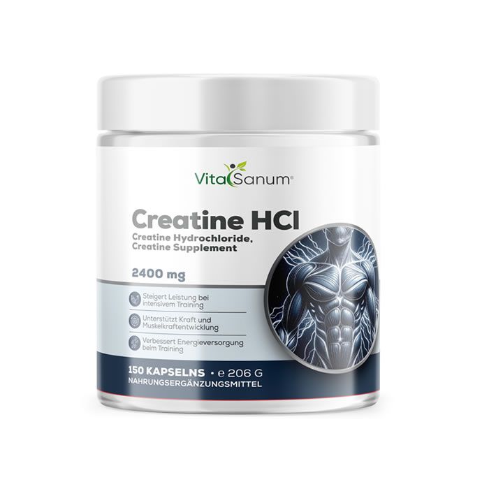 VitaSanum® Creatine HCl-Dose. Enthält 150 Kapseln. Aufschrift: Creatine HCl, 2400 mg. Abbildung eines muskulösen Körpers.