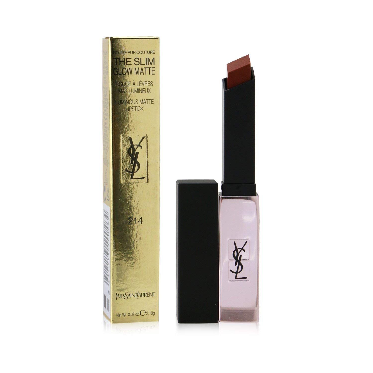 Lippenstift und Verpackung. Goldene Verpackung mit Text. Lippenstift mit schwarzem Deckel und silberfarbenem Gehäuse. Produktname und Nummer 214.