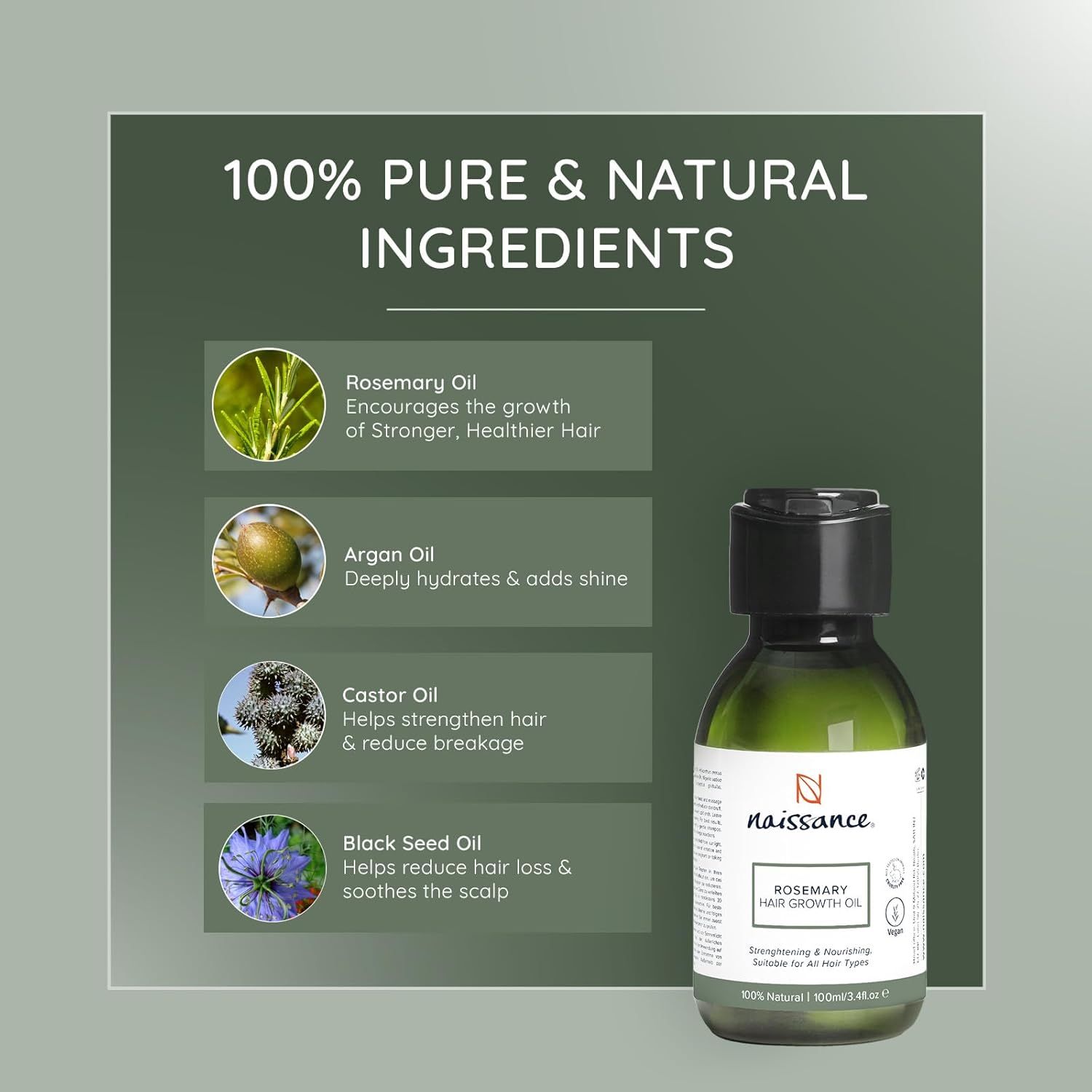 Grüne Flasche mit schwarzem Deckel. Text: 100% Pure & Natural Ingredients. Enthält Rosmarin-, Argan-, Rizinus- und Schwarzkümmelöl.