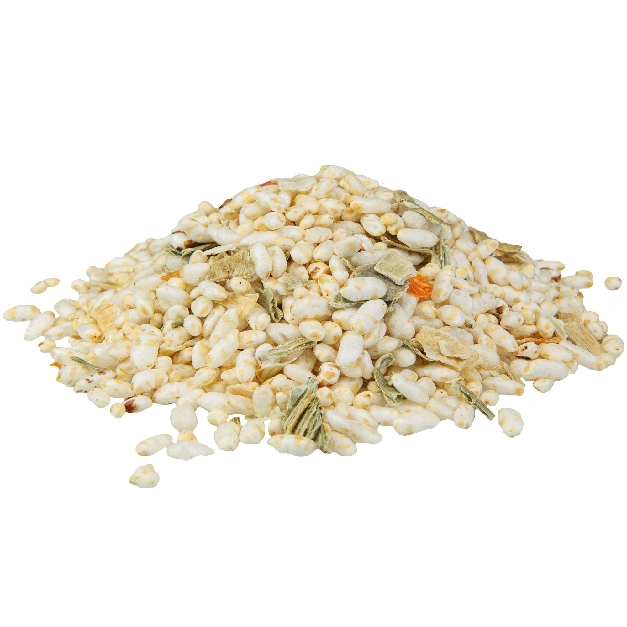 Haufen Trockenfutter. Hauptsächlich helle, gepuffte Körner, gemischt mit getrockneten Kräutern und Gemüse.
