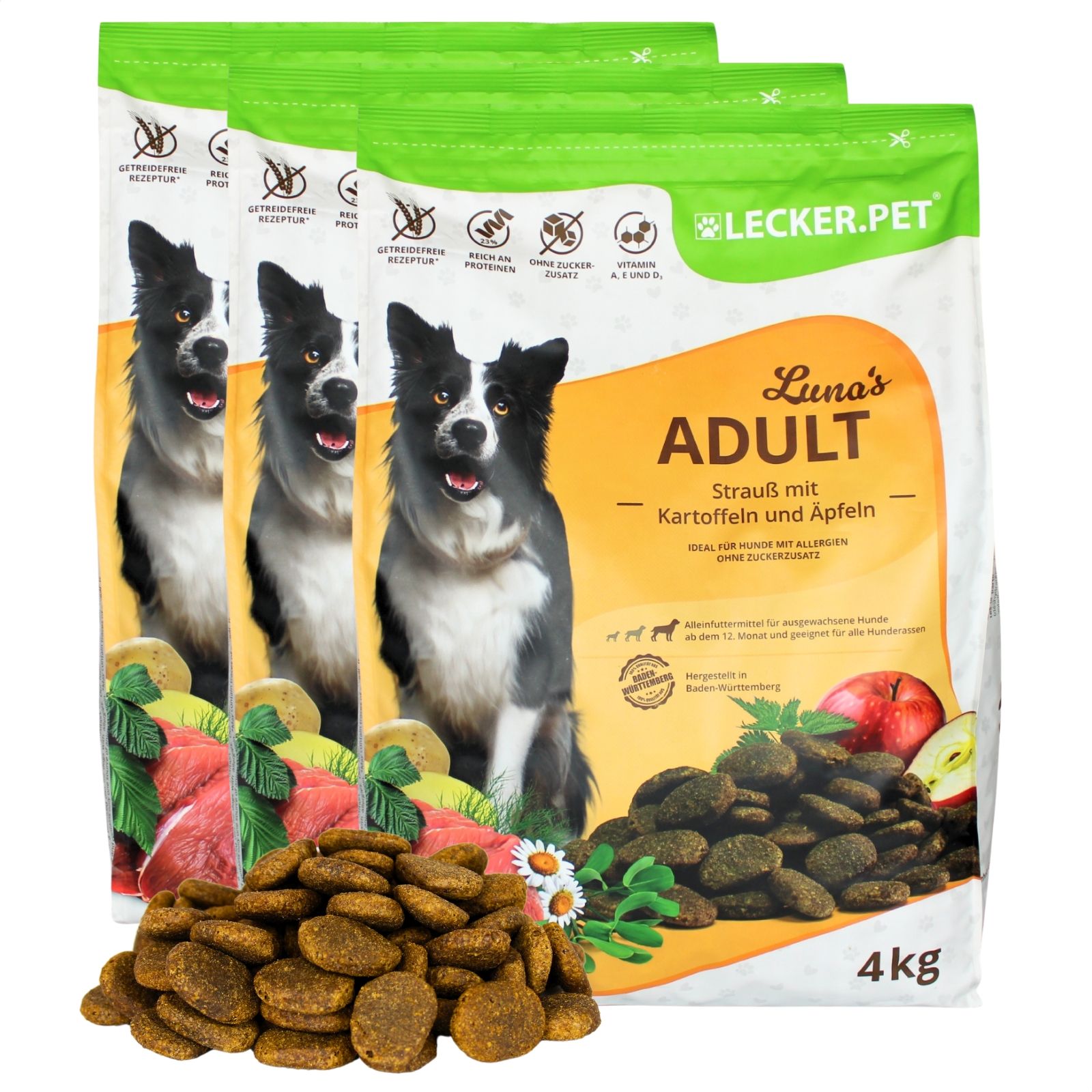 Lecker.Pet® Luna's Adult Strauß mit Kartoffel & Apfel Hundefutter Trockenfutter Vollnahrung 12 kg Nicht relevant