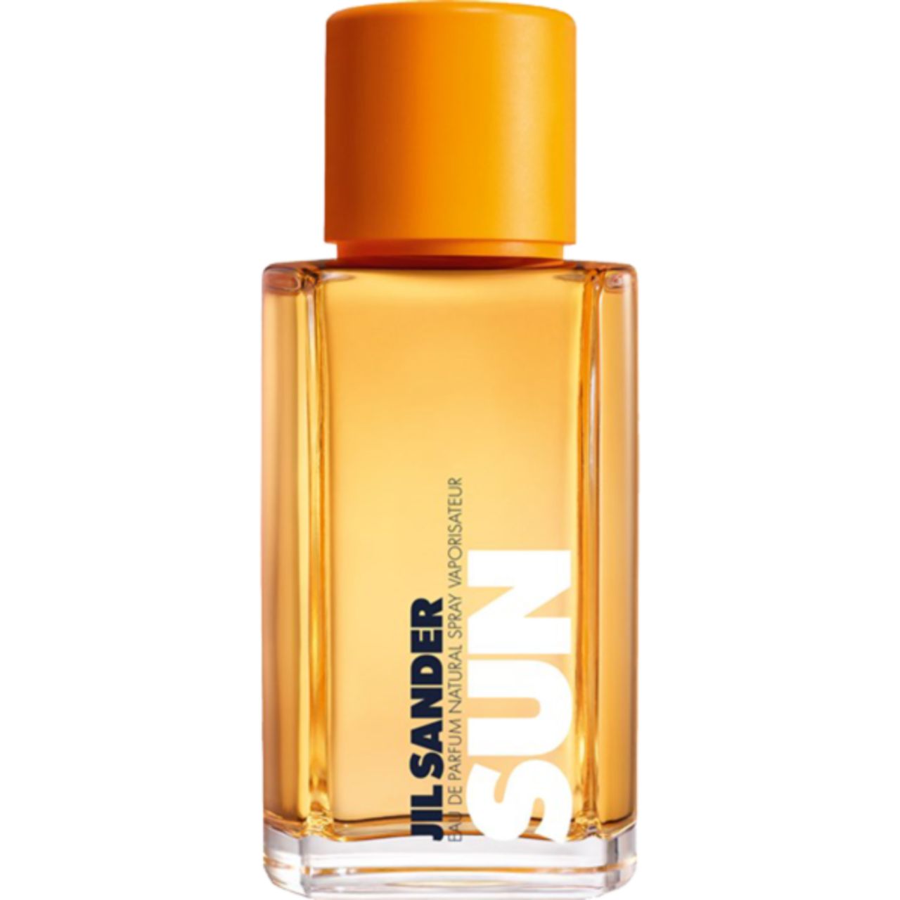Rechteckiger Flakon mit orangefarbenem Verschluss. Aufschrift SUN und JIL SANDER. Flüssigkeit orange.