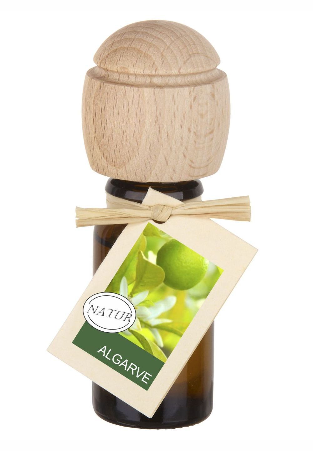 Braune Glasflasche mit Holzverschluss und Anhänger. Anhänger mit Bild von Limetten und Text 'ALGARVE'.