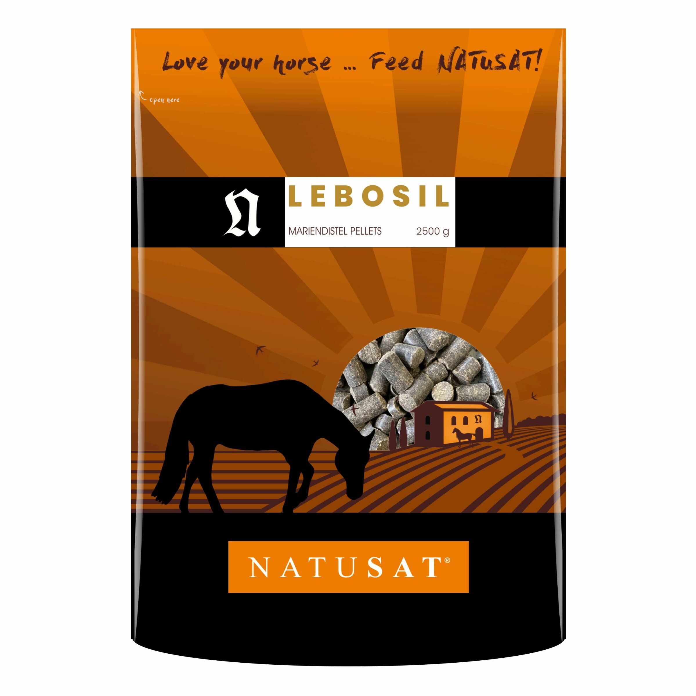 Verpackung mit Lebosil Mariendistel Pellets. Schwarzes Pferd auf Feld, Haus im Hintergrund. Natusat-Logo und Produktname.