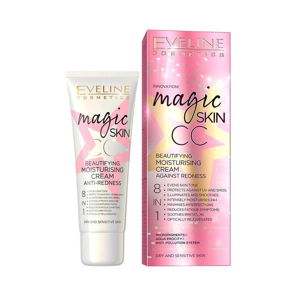 Tube und Verpackung 'magic skin CC' mit Produktinformationen. Rosa und weißes Design.