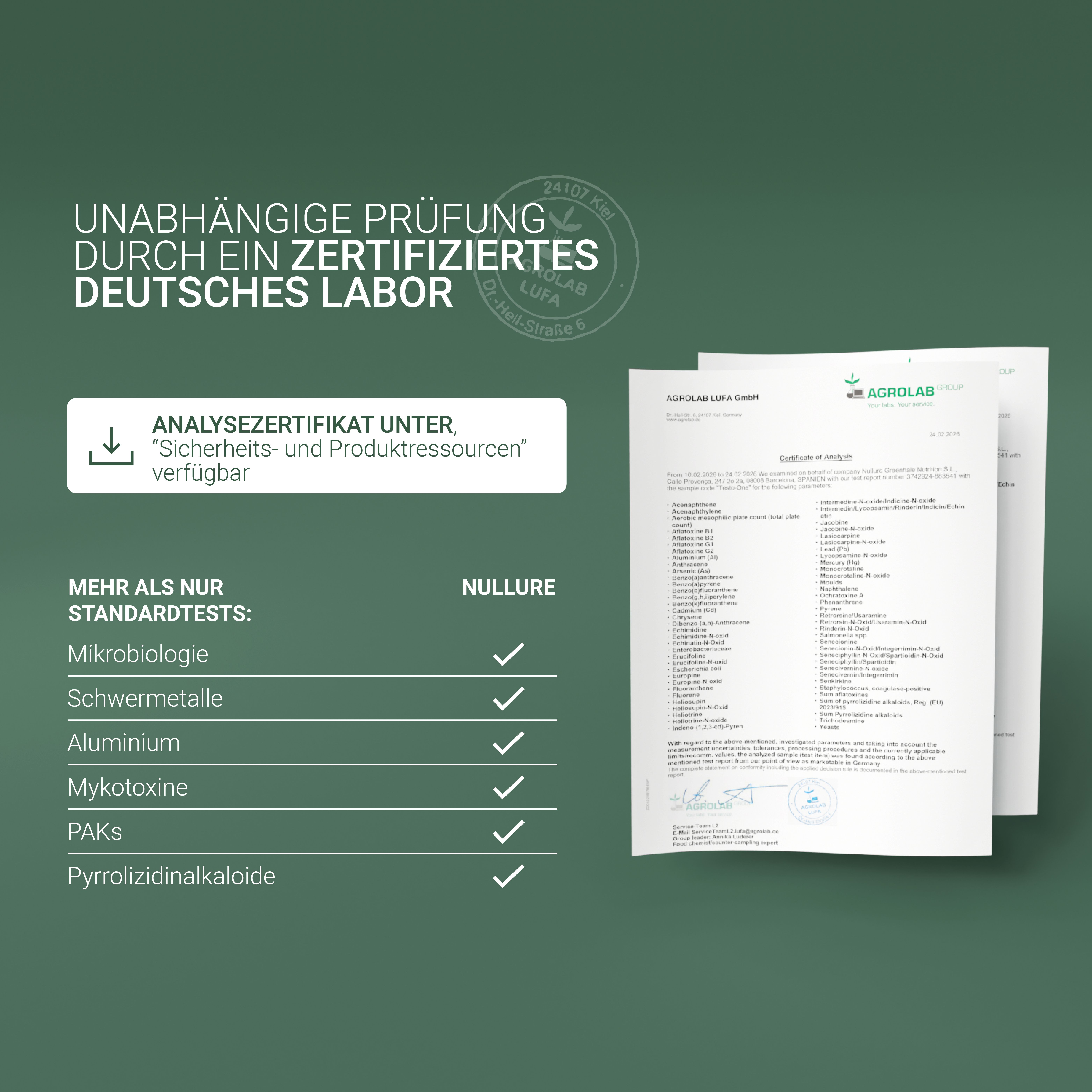 Zertifikat eines deutschen Labors, Vergleichstabelle von Tests.