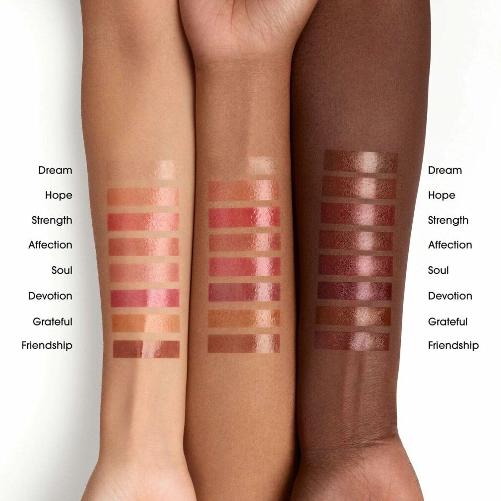 Drei Arme mit verschiedenen Hauttönen, mit Lippenstiftfarben aufgetragen. Jede Farbe ist beschriftet. Farben: Dream, Hope, Strength, Affection, Soul, Devotion, Grateful, Friendship.