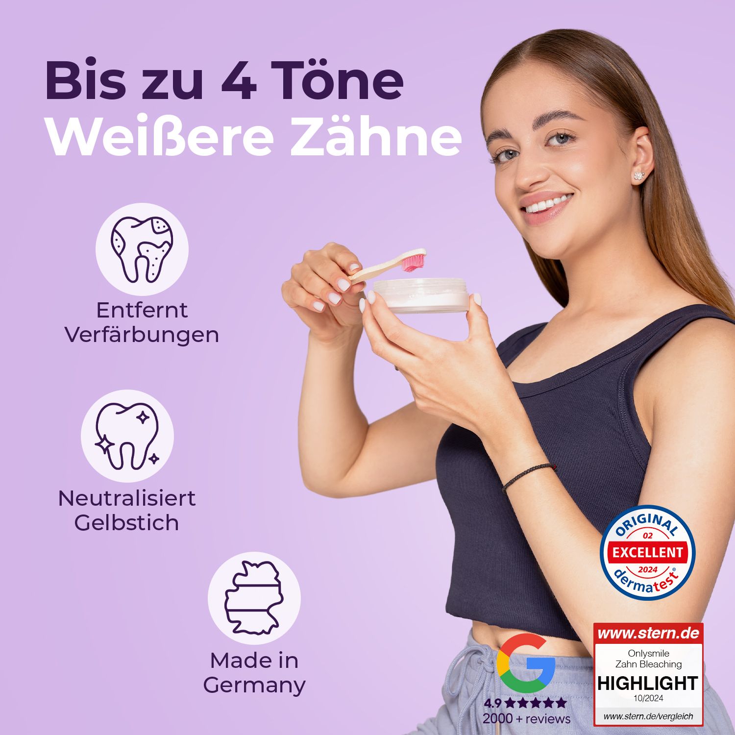 Frau mit Onlysmile-Produkt und Löffel. Text: Bis zu 4 Töne weißere Zähne, entfernt Verfärbungen, neutralisiert Gelbstich.