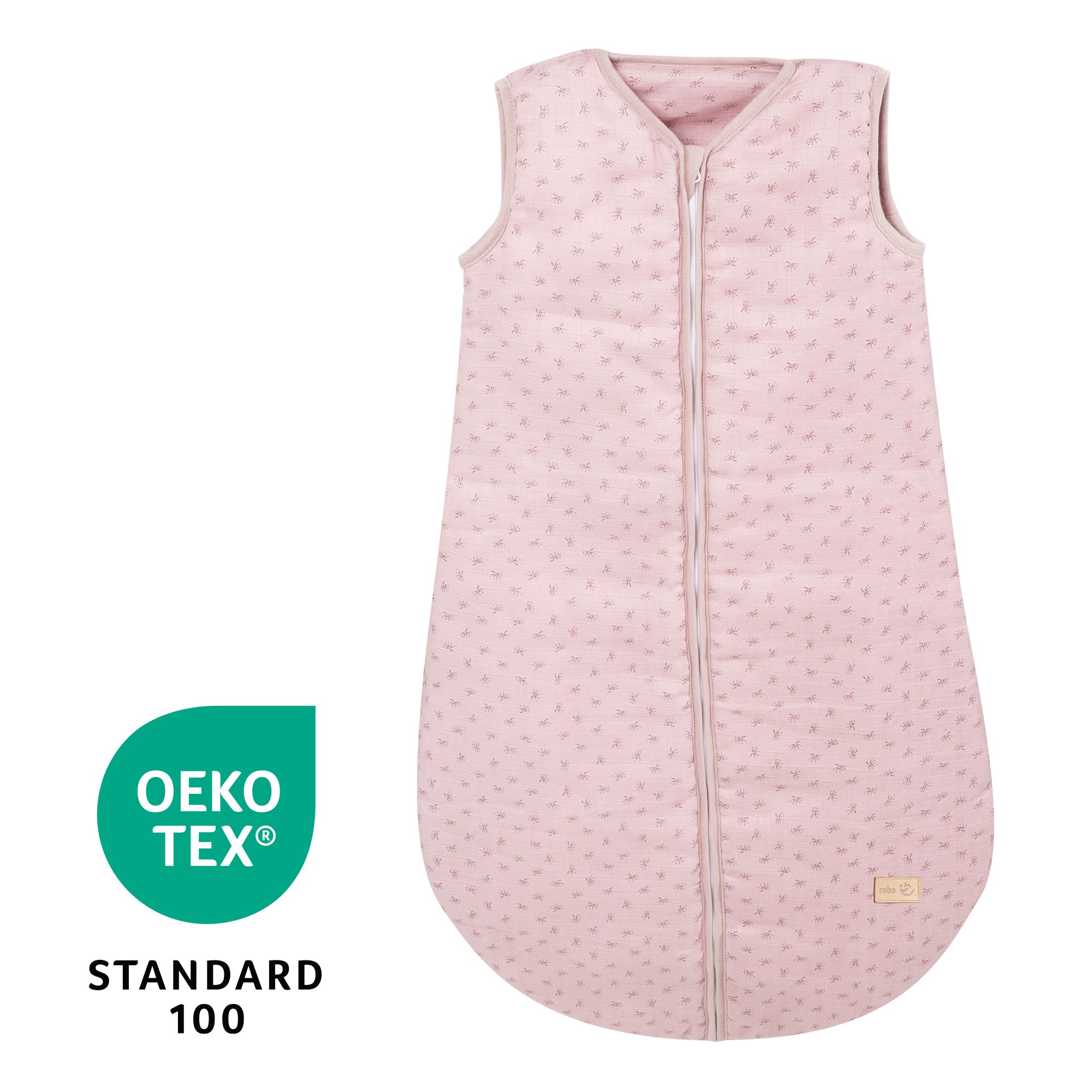 Rosa Schlafsack mit Blumenmuster und Reißverschluss. Oeko-Tex Standard 100.