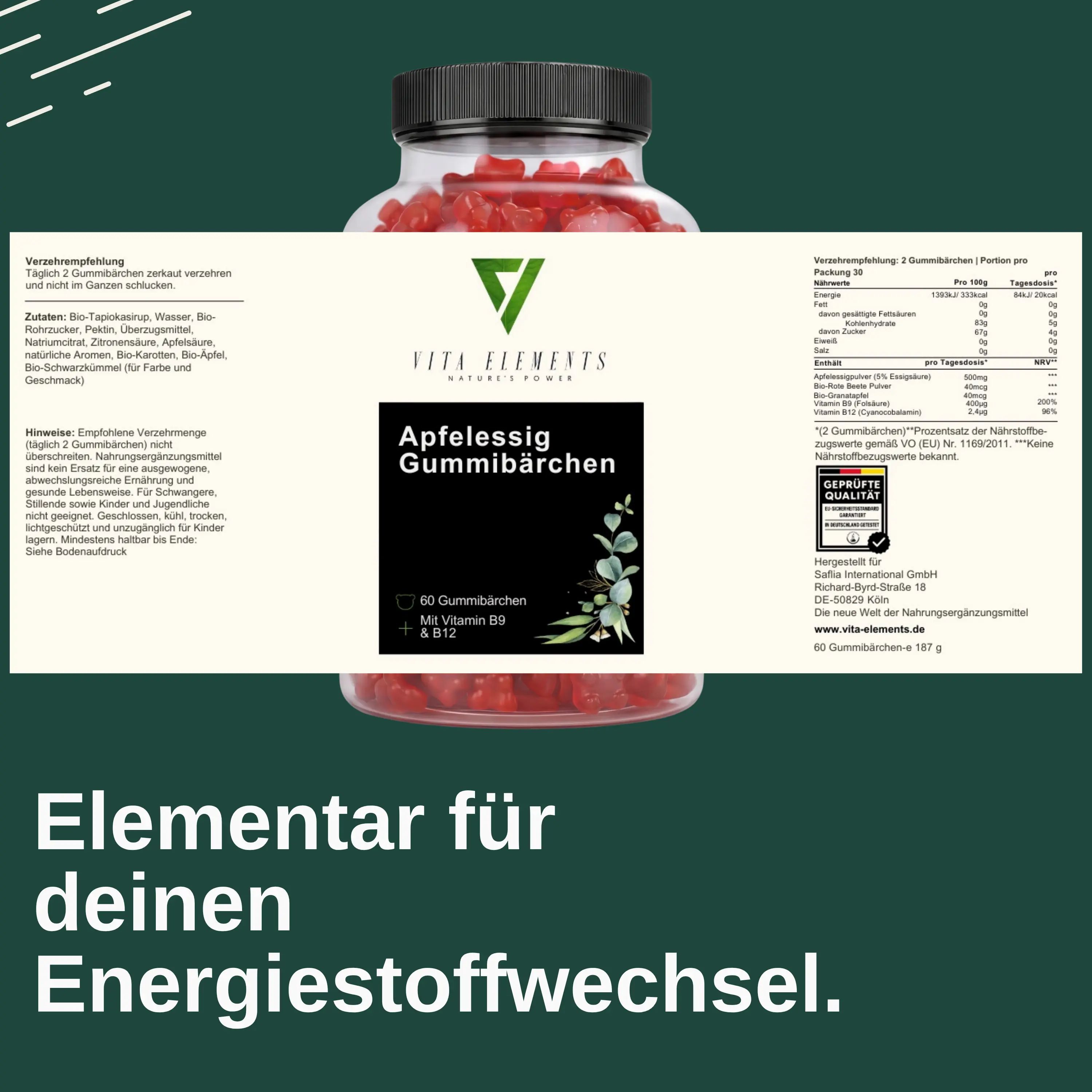 Nahaufnahme des Etiketts einer Flasche Apfelessig Gummibärchen mit Nährwertangaben und Siegel.