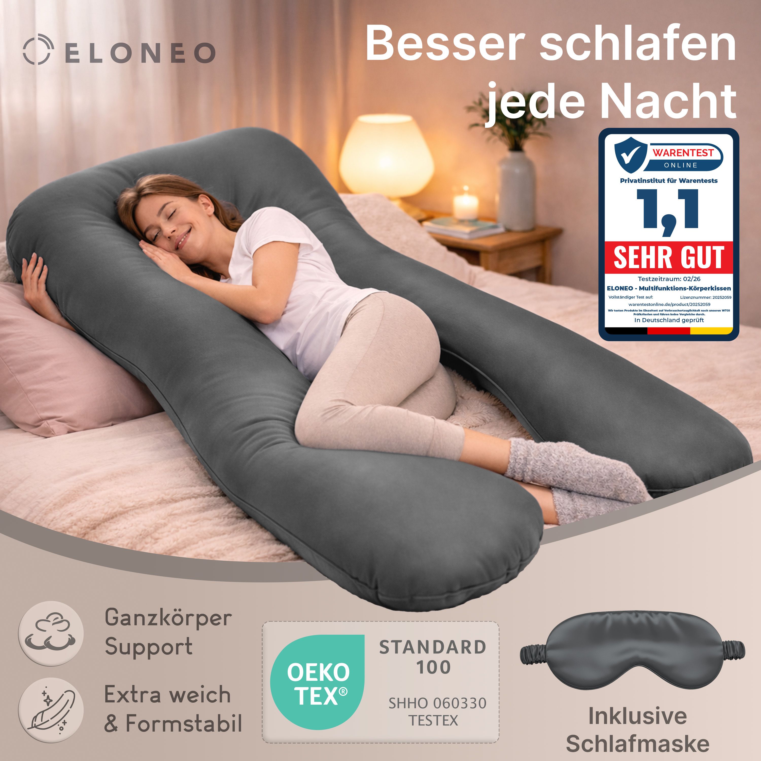 Multifunktions-Körperkissen mit Schlafmaske, Anthrazit