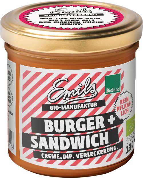 Glas mit Aufschrift "Emils Bio Burger + Sandwichsauce". Roter Deckel, rotes und weißes Etikett mit Text. "Bio-Manufaktur" und "Rein pflanzlich".