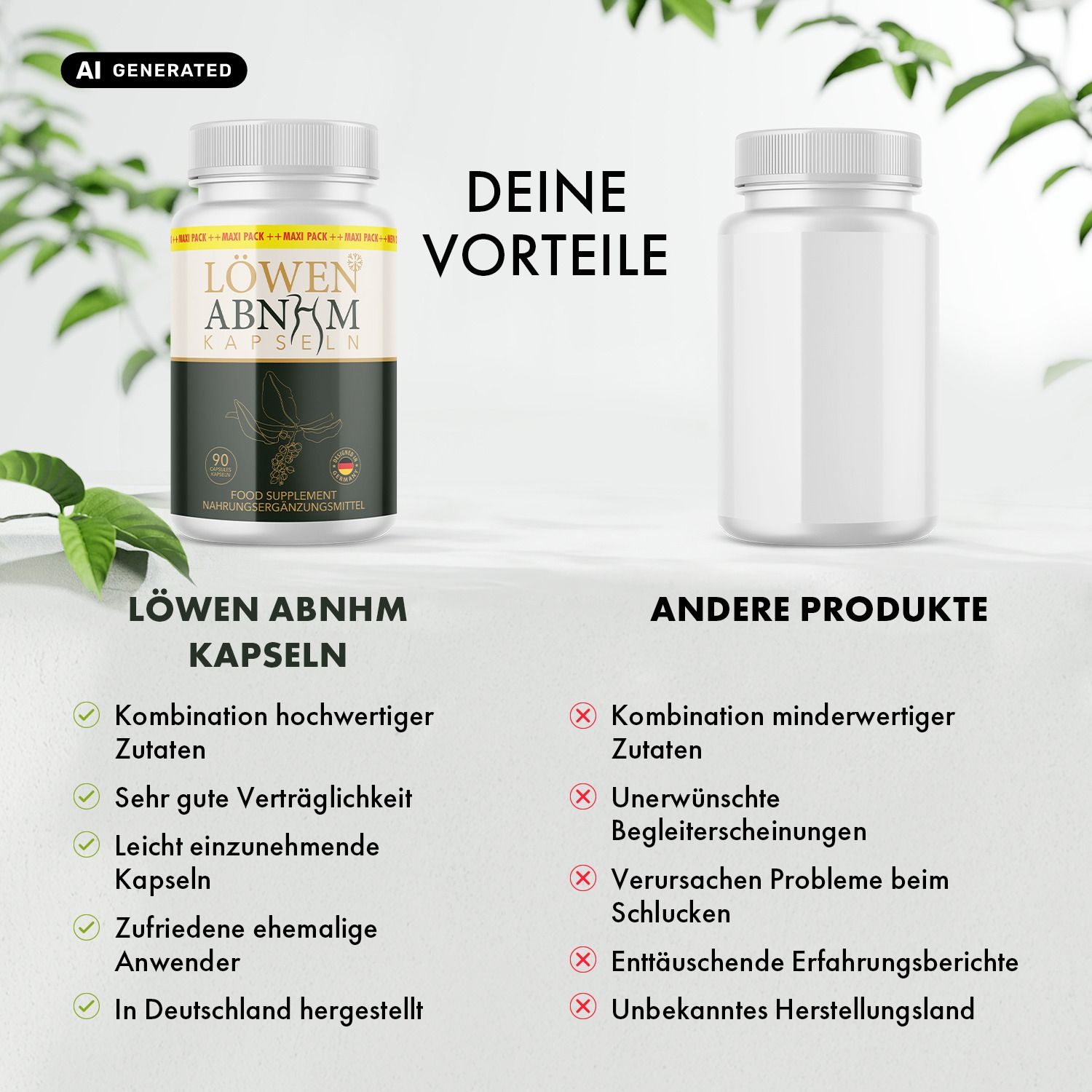 Vergleich LÖWEN Abnehmkapseln mit anderen Produkten. Dose zeigt Vorteile wie gute Verträglichkeit.