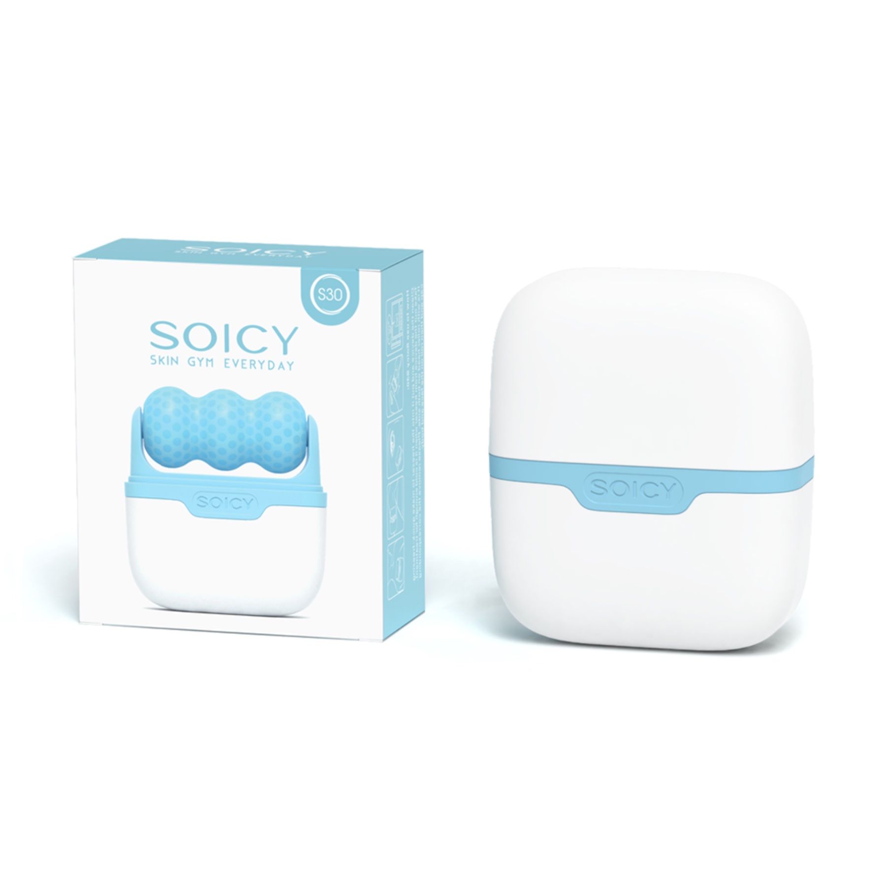 Blauer Ice-Roller mit weißem Gehäuse und Verpackung. Marke: SOICY. Text: S30 Skin Gym Everyday.
