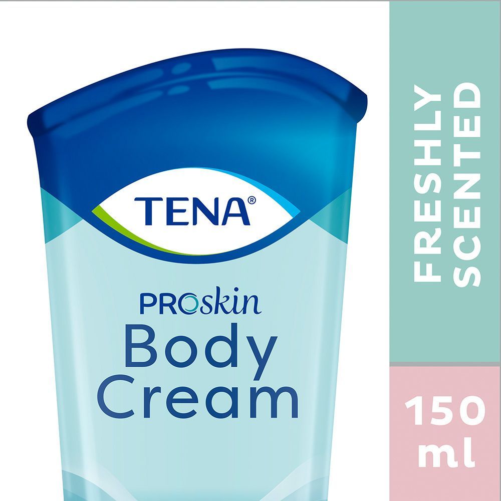TENA Proskin Body Cream Tube. Hellblau-weißes Design mit Produktnamen und "Freshly Scented"-Text. 150 ml-Angabe.