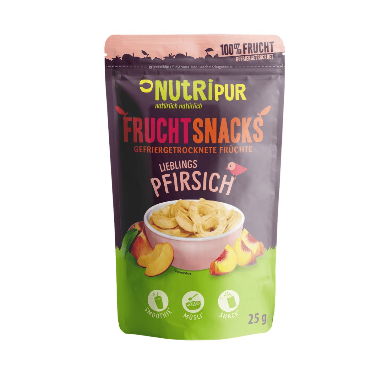 Verpackung mit gefriergetrockneten Pfirsich-Fruchtsnacks. Aufschrift: NutriPur, Fruchtsnacks, Pfirsich, 25g. Grün-lila Verpackung mit Pfirsich-Illustration.
