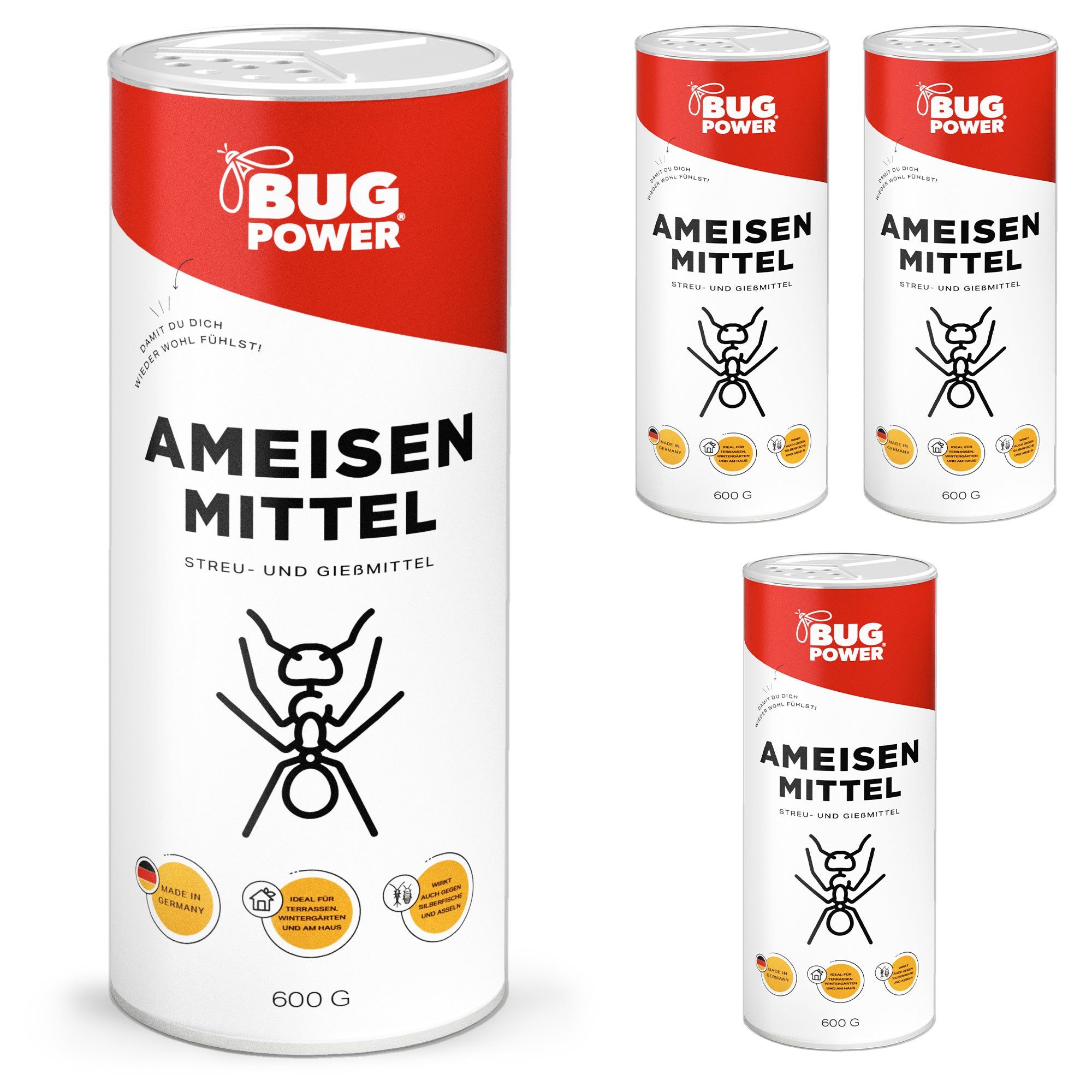 Zylinderförmige Dose mit rotem Deckel und Aufschrift "BUG POWER" und "AMEISEN MITTEL". Enthält 600g.