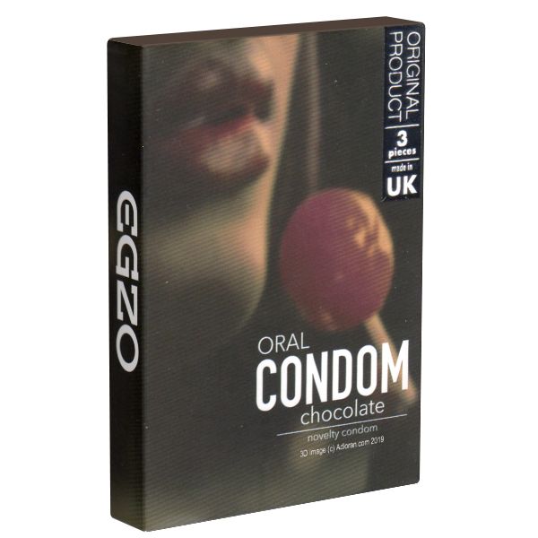 Schwarze Schachtel mit "EGZO"-Logo. Aufschrift: "ORAL CONDOM chocolate". Enthält 3 Stück, hergestellt in UK. Abbildung eines Lollipops.