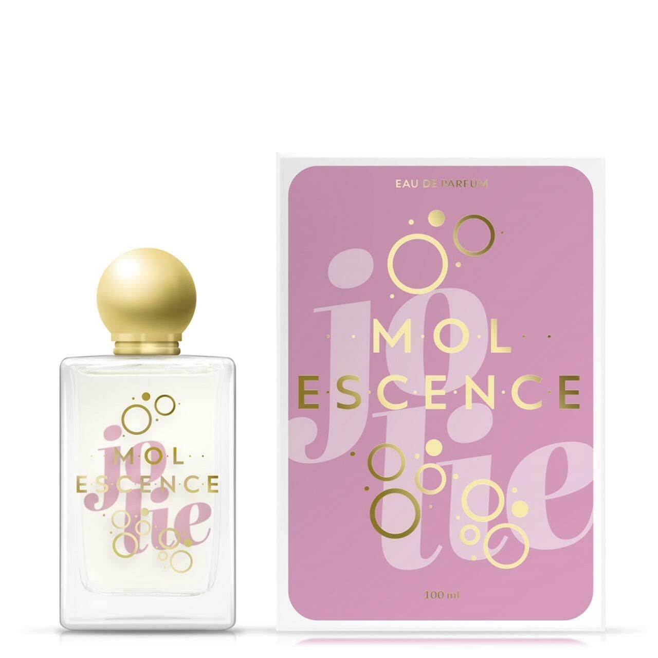 Glasflakon mit goldfarbenem Verschluss und Verpackung. Aufschrift: MOL ESCENCE Jolie E.D.P. Nat. Spray.
