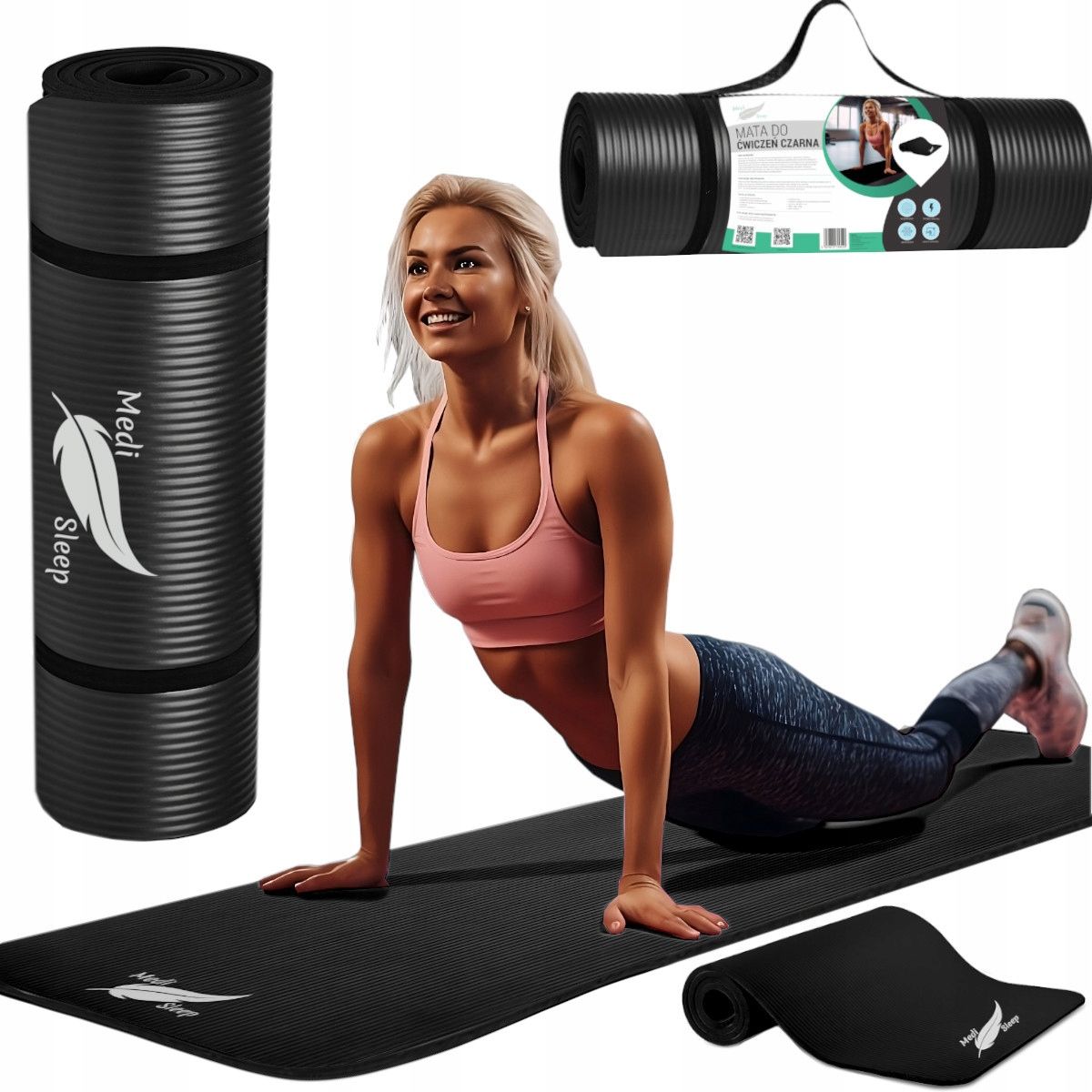 Medi Sleep Fitnessmatte 183 x 61 1 cm Schwarz mit Tragegurt St