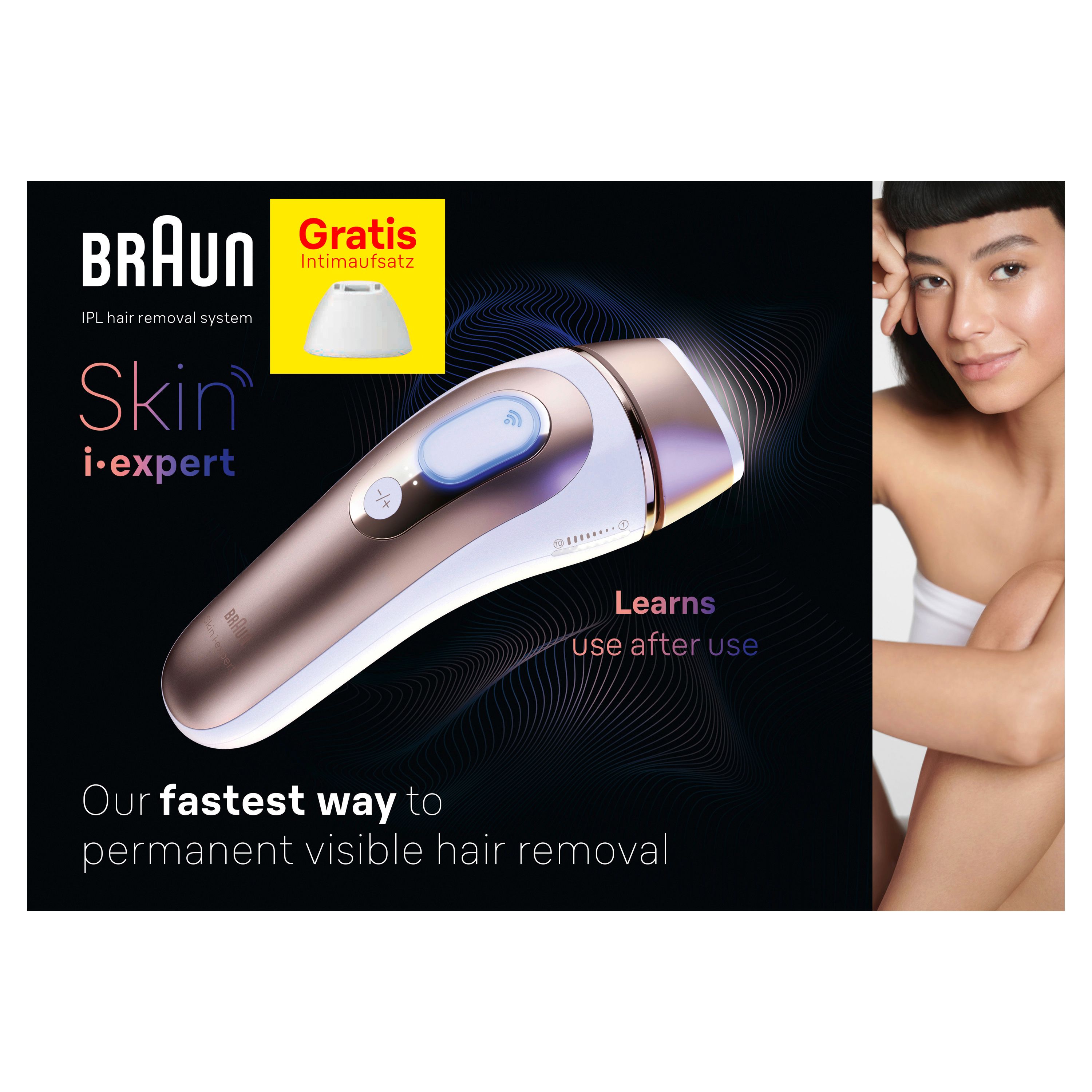Braun Skin i-expert Pro 7 PL7249 IPL-Gerät. Mit Text und Frau. Gratis-Aufsatz. Schwarzer Hintergrund.
