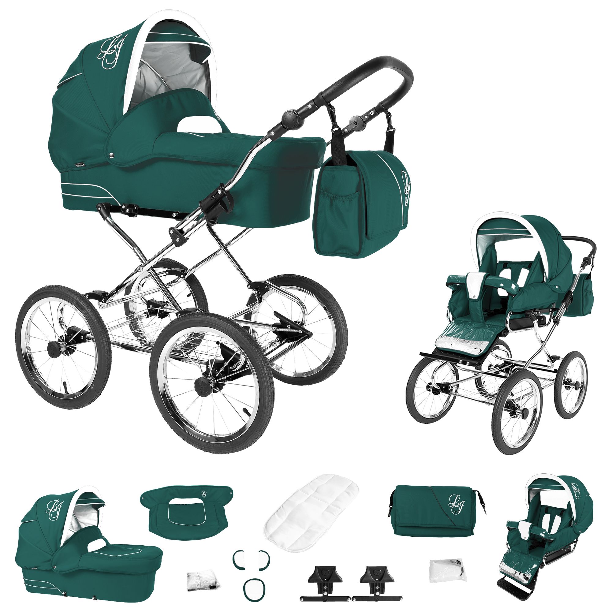Grüner Kinderwagen mit silbernem Gestell, Zubehör und Tragetasche. Logo 'LG' auf der Haube. Mehrere Ansichten.