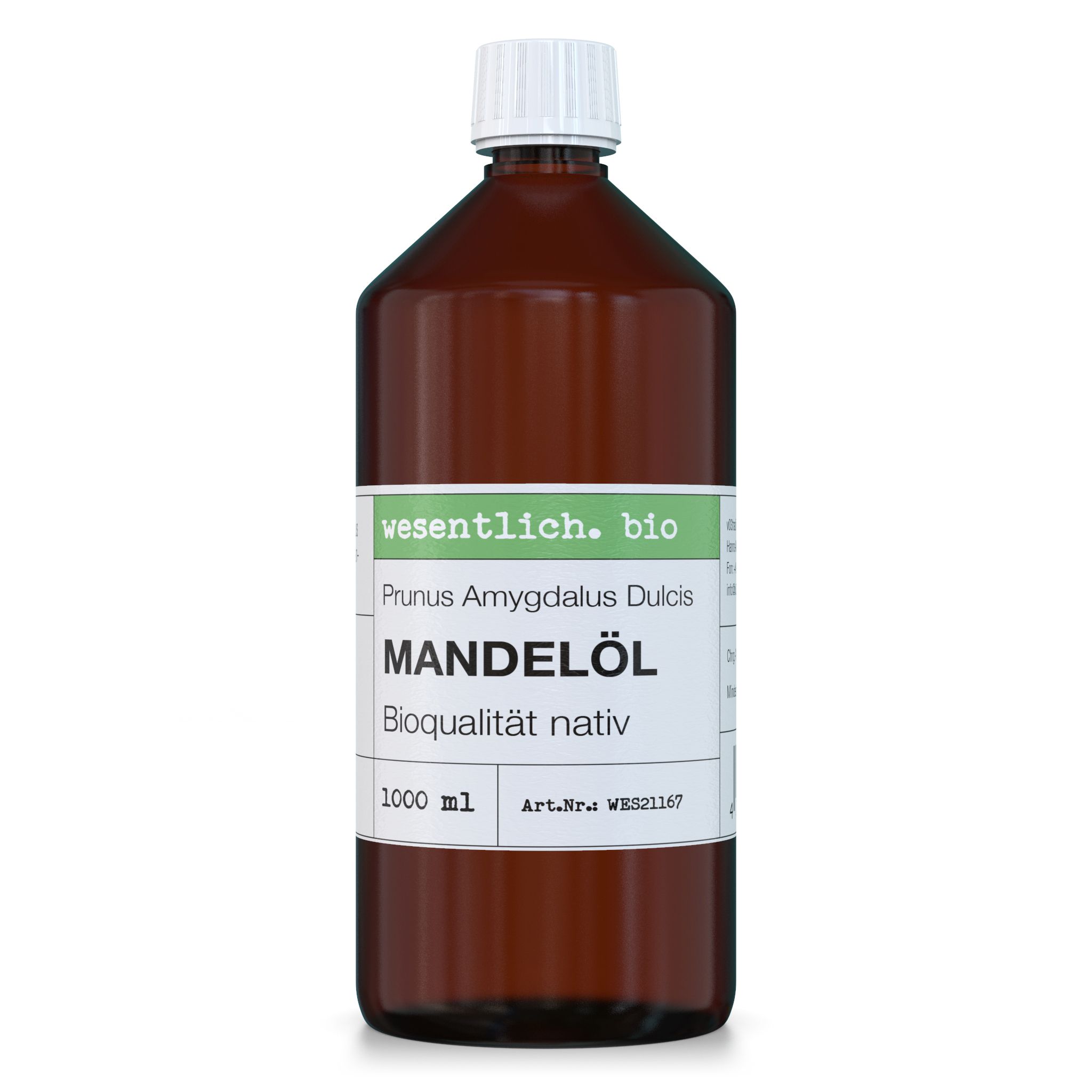 Braune Glasflasche mit weißem Deckel. Etikett mit Produktname Mandelöl, Bioqualität, und wesentl. bio.