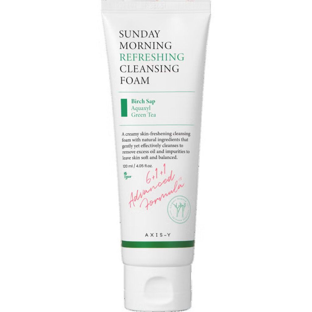 Weiße Tube mit erfrischendem Reinigungsschaum, "Sunday Morning" und "Refreshing Cleansing Foam" aufgedruckt.