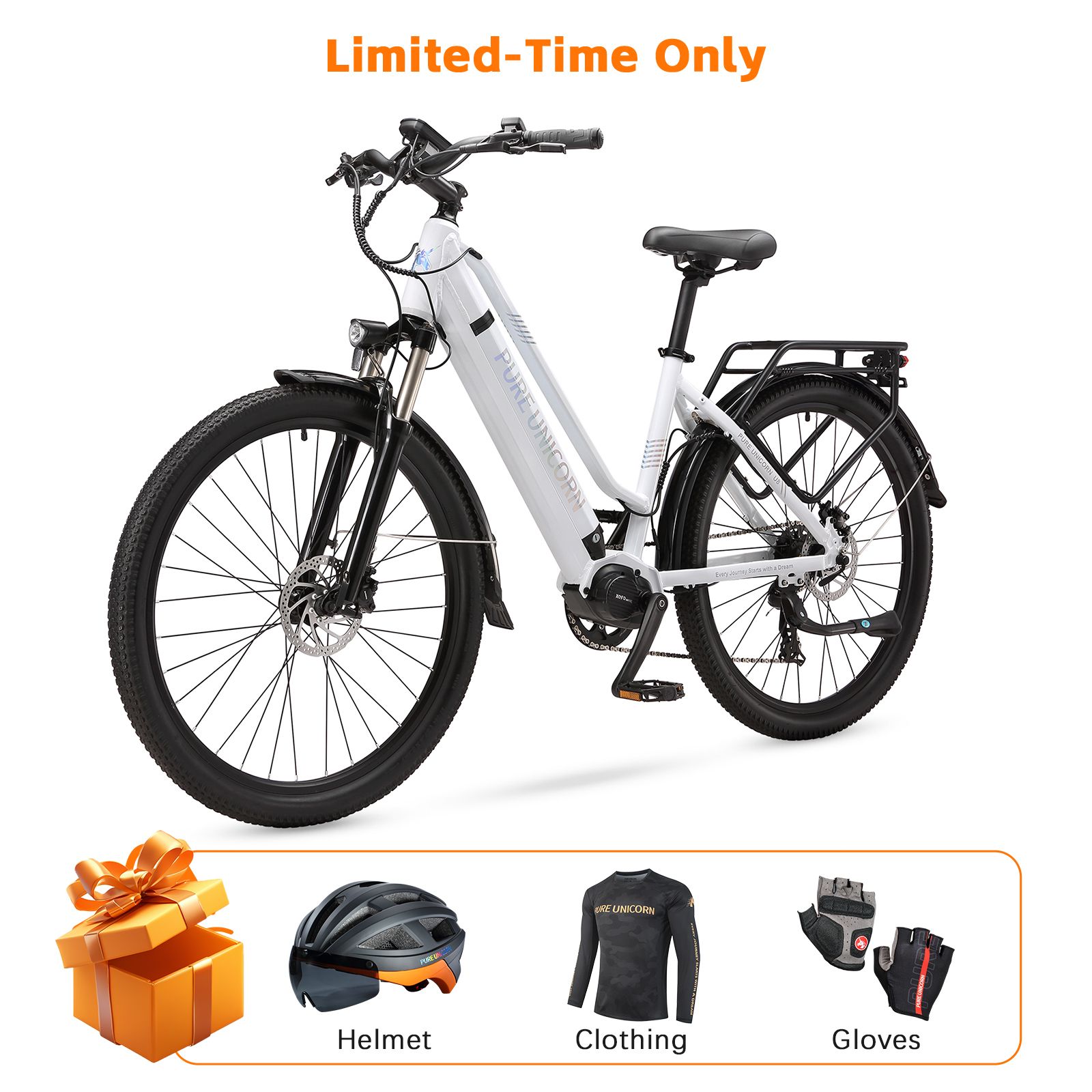 Weißes E-Bike mit schwarzen Reifen und Zubehör: Helm, Kleidung, Handschuhe. Aufschrift: PURE UNICORN.