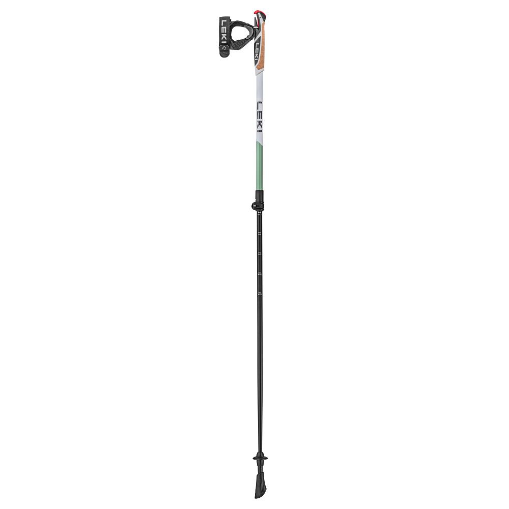 Nordic Walking Stock. Schwarz, weiß, grün und beige. Griff mit Leki-Logo. Verstellbare Länge. Spitze für verschiedene Untergründe.