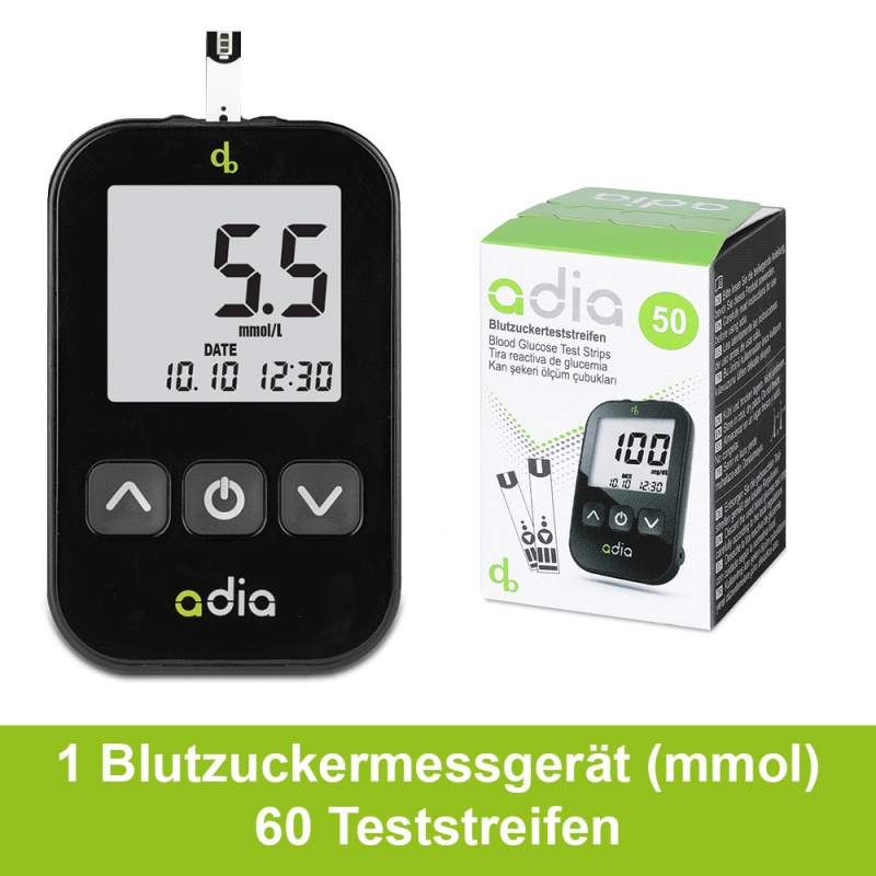 adia Diabetes-Set, mmol/L mit 60 Blutzuckerteststreifen, Stechhilfe, Lanzetten 1 St Set