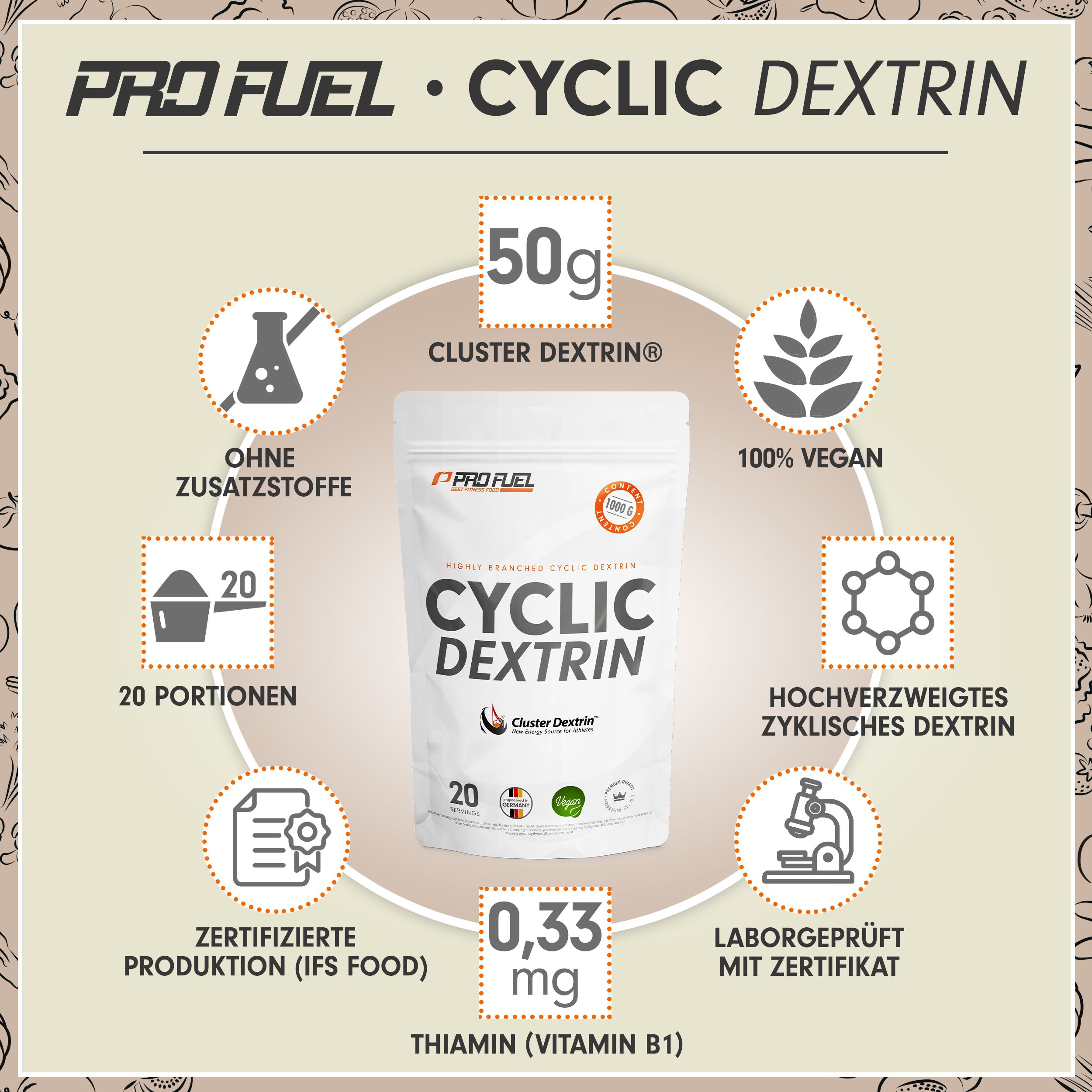 Zwei Beutel mit zyklischem Dextrin Pulver, 1000g, laborgeprüft, hochwertig, 100% vegan.
