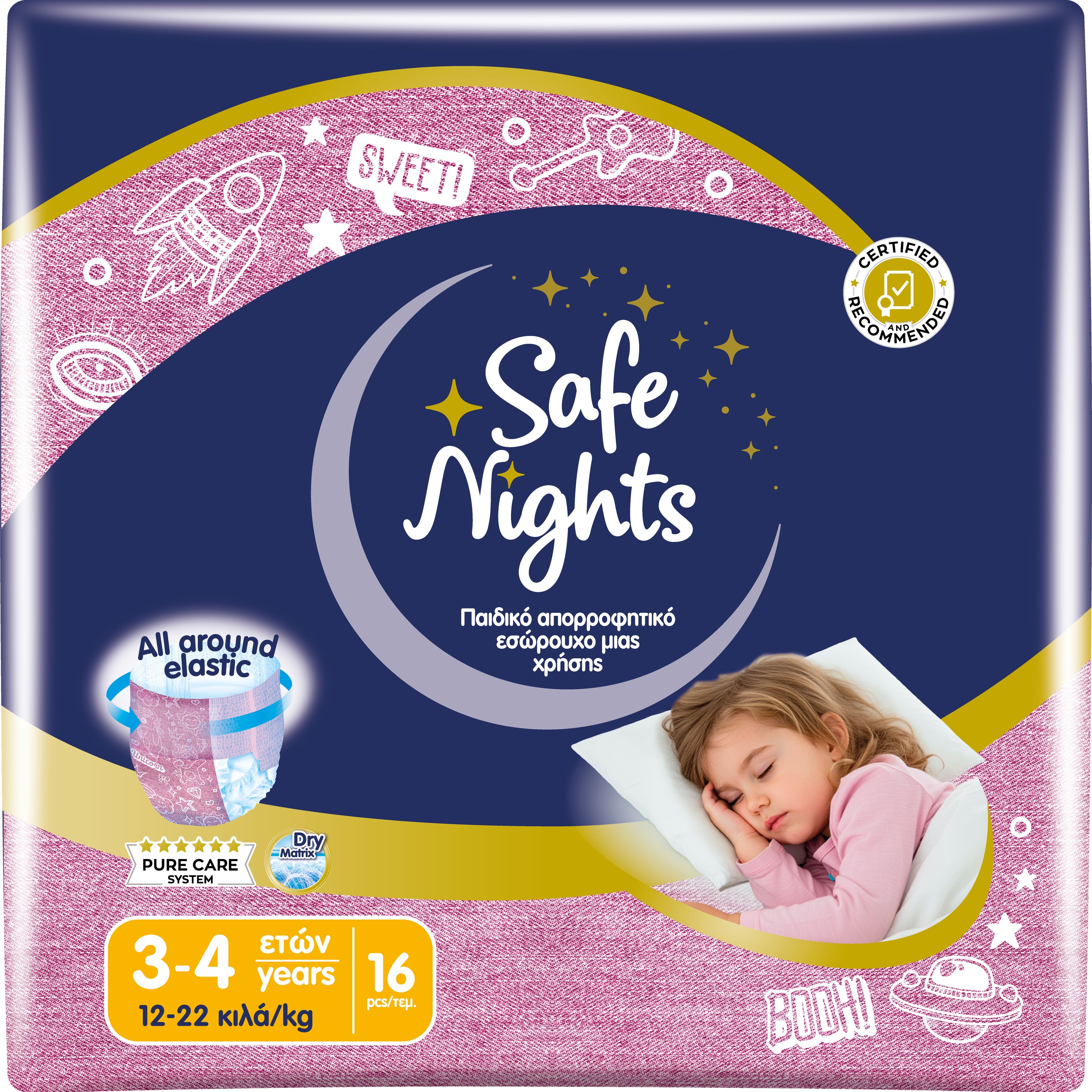 Babylino Safe Nights Girl, Mutandina per la Notte per Bambina 3-4 anni (12-22kg), 16 Unità