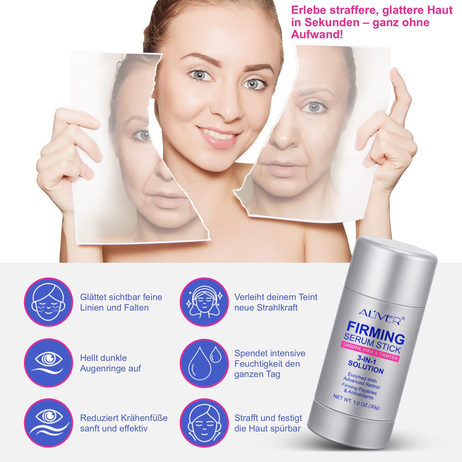 Frau hält zerrissene Fotos. Daneben ein ALIVER Firming Serum Stick. Text: Glättet Falten, hellt Augenringe auf.