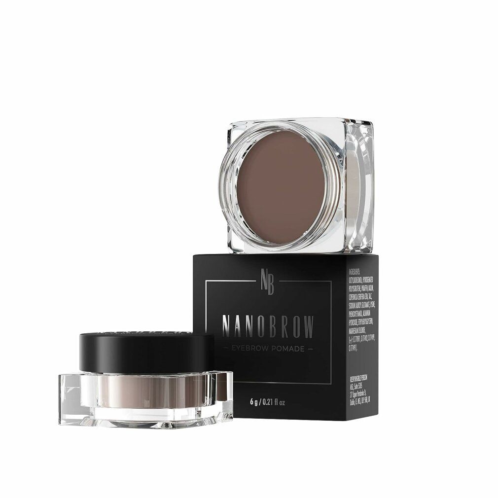 Dunkelbraune Augenbrauenpomade in zwei transparenten Tiegeln und einer schwarzen Schachtel. Aufschrift: Nanobrow Eyebrow Pomade.