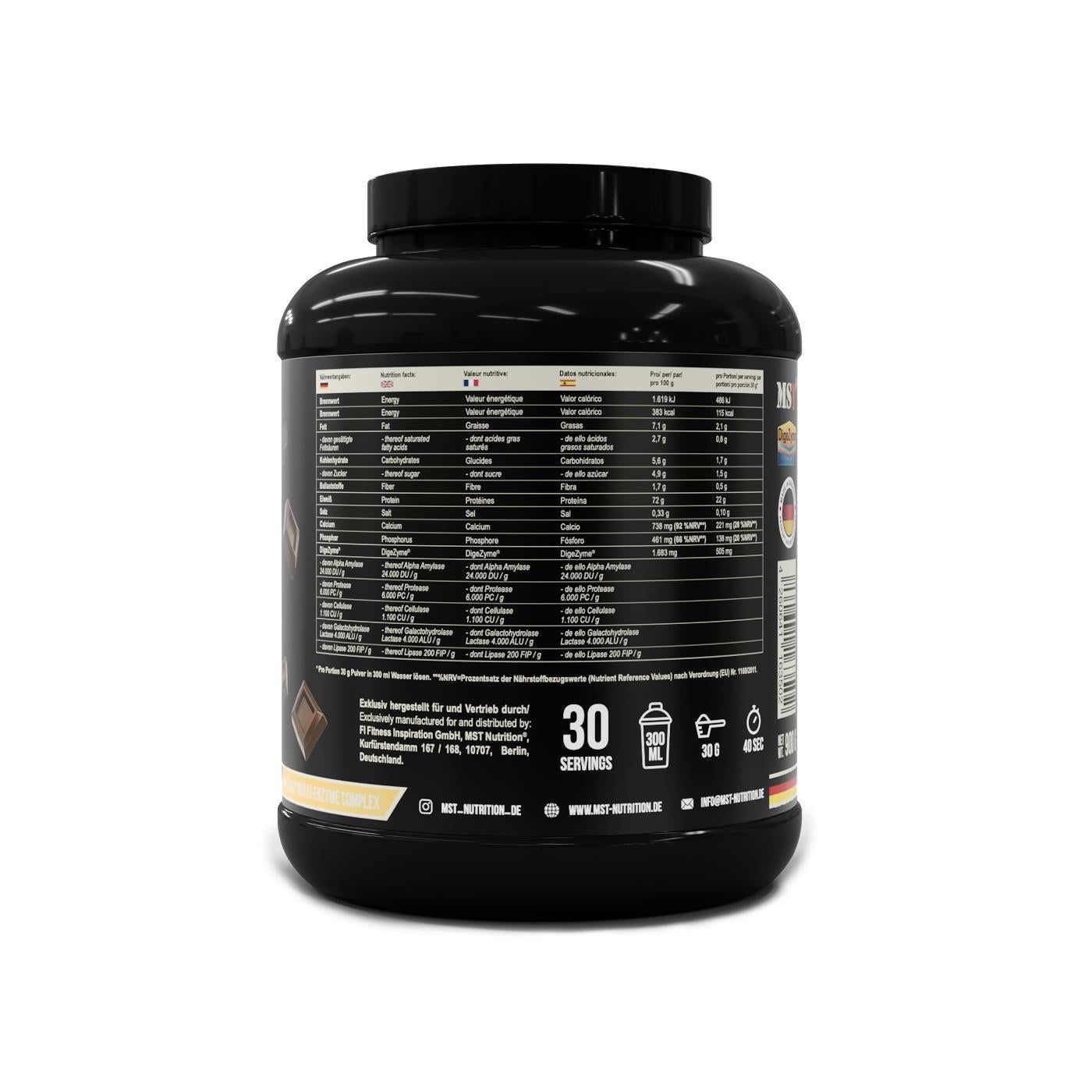 Schwarze Dose mit Nährwertangaben. 30 Portionen, 900 ml. MST-Nutrition Logo. Text in Deutsch, Französisch, Italienisch.