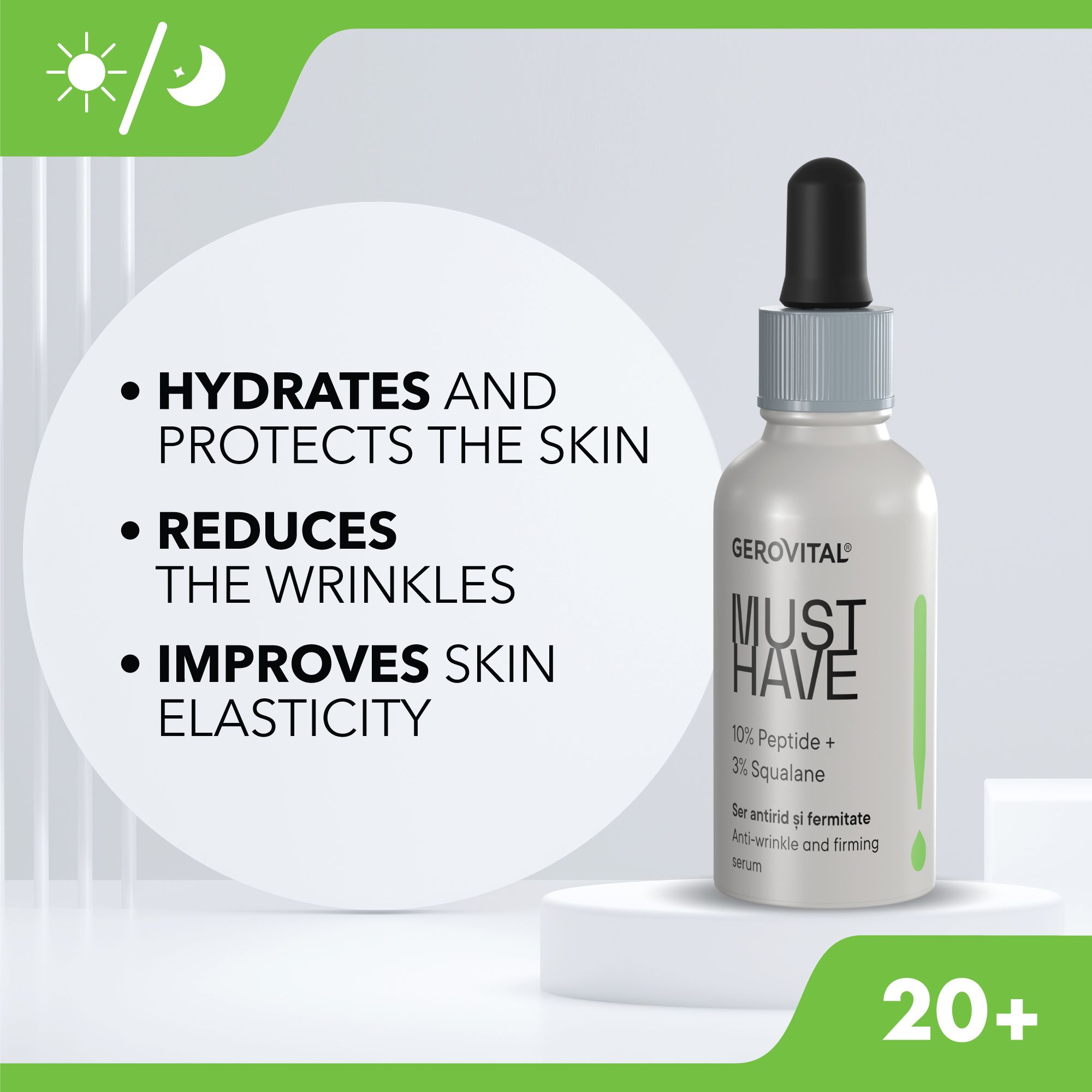 Serumflasche mit Text. Aufschrift: MUST HAVE, 10% Peptide + 3% Squalan. Anti-Falten-Serum. Text über Vorteile.