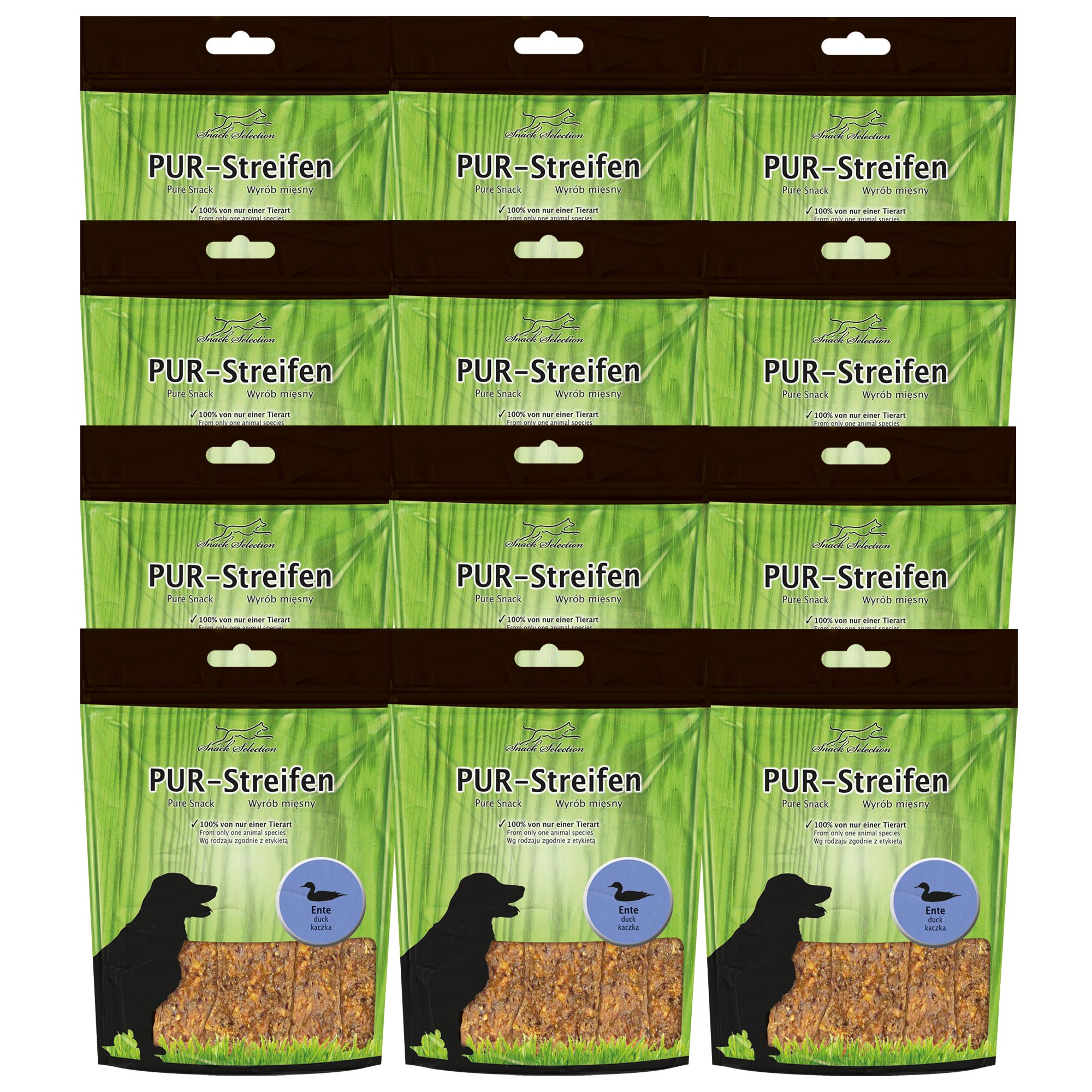 Mehrere Packungen Kausnacks. Grün-transparente Verpackung mit Produktnamen und Hunde-Silhouette. Ente-Symbol.