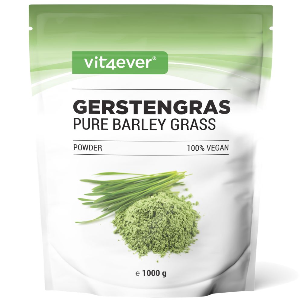 Grünes Pulver und Gerstengras auf weißem Hintergrund. Verpackung mit Produktnamen und Logo.