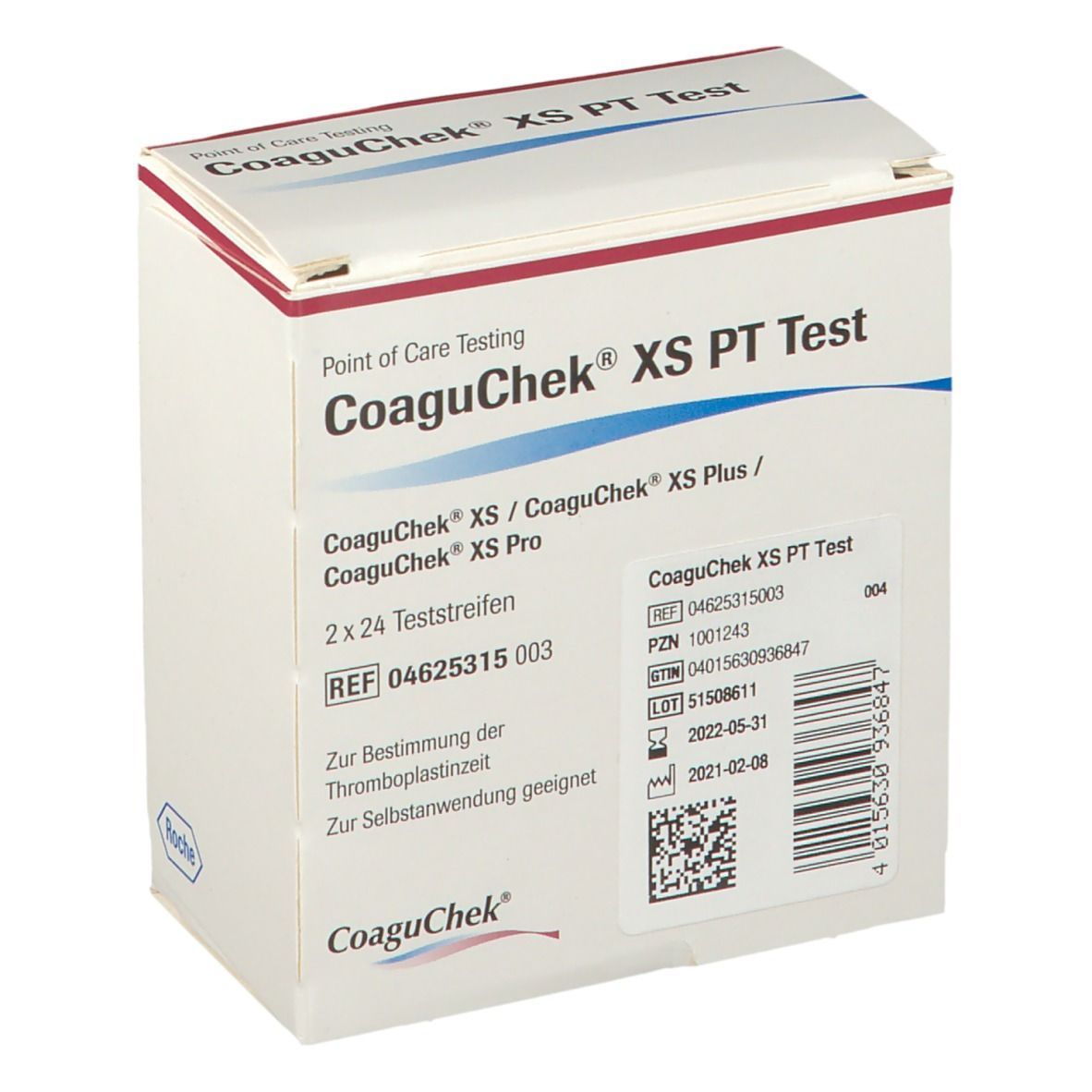 CoaguChek XS PT Test-Box. Enthält 2x24 Teststreifen. Aufschrift: CoaguChek XS PT Test. Roche-Logo.
