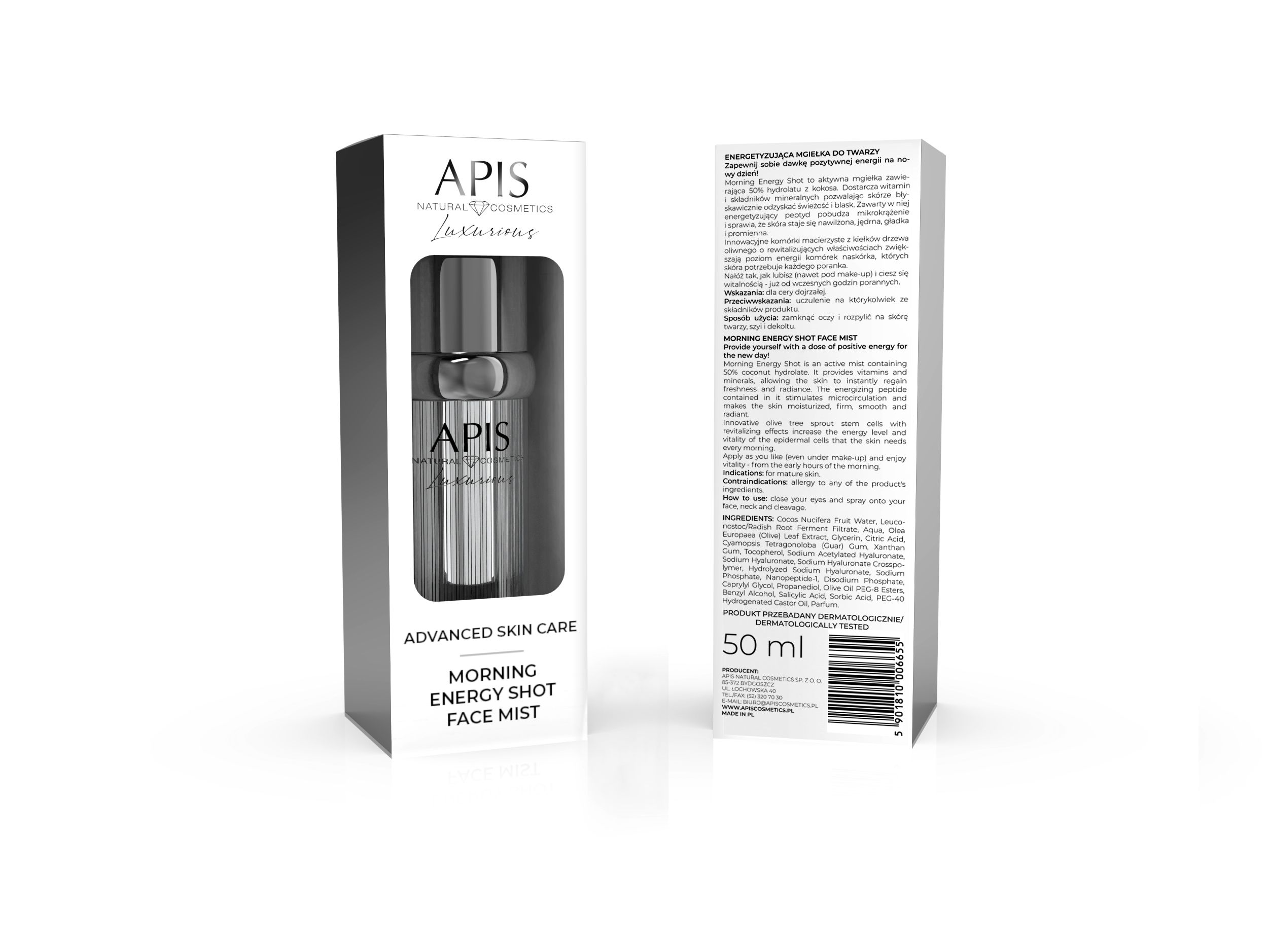 Gesichtsspray in einer Verpackung. Aufschrift: APIS, Advanced Skin Care, Morning Energy Shot Face Mist. Auf der Verpackung: 50 ml.