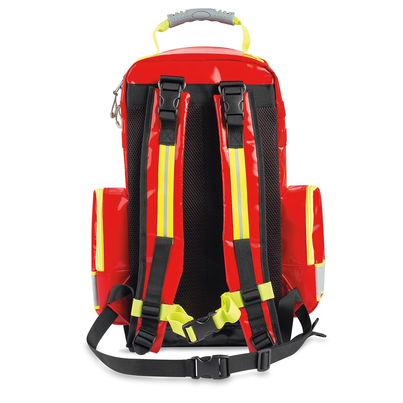 Rückansicht eines roten Erste-Hilfe-Rucksacks mit gepolsterten Schultergurten, Brustgurt und reflektierenden Details.