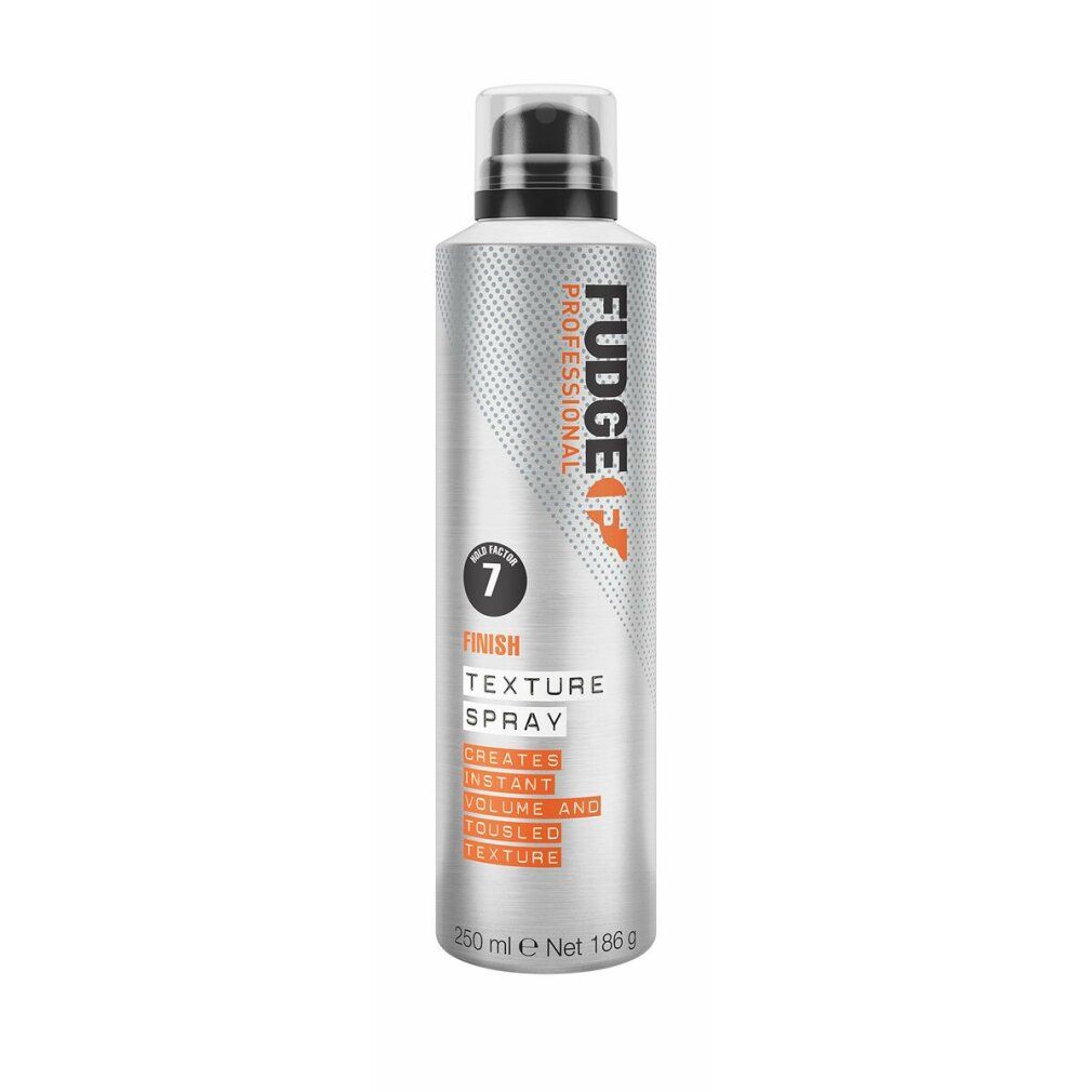 Haarspray-Flasche. Silberne Dose mit schwarzem Sprühkopf. Text: Finish Texture Spray, 250 ml.
