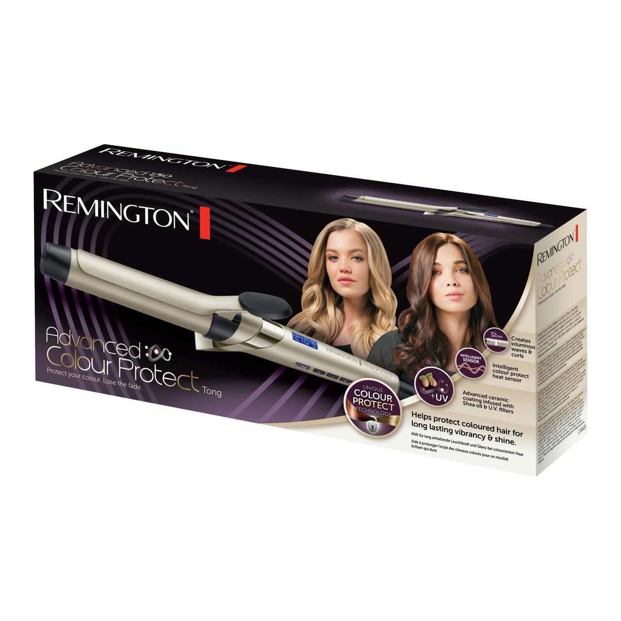 Verpackung des Lockenstabes. Produktabbildung, Produktname, Markenlogo und Modelldarstellungen.